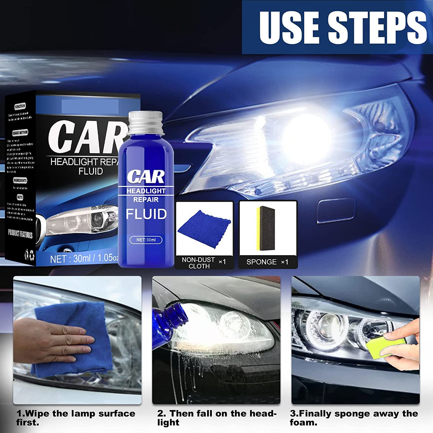 2023 Premium Car Headlight Restoration Kit - Fast Headlight Polish & Cleaner, Removes Oxidation & Restores Clarity (30ml) - Perfect for Foggy, Yellowed Headlights & DIY Auto Detailing