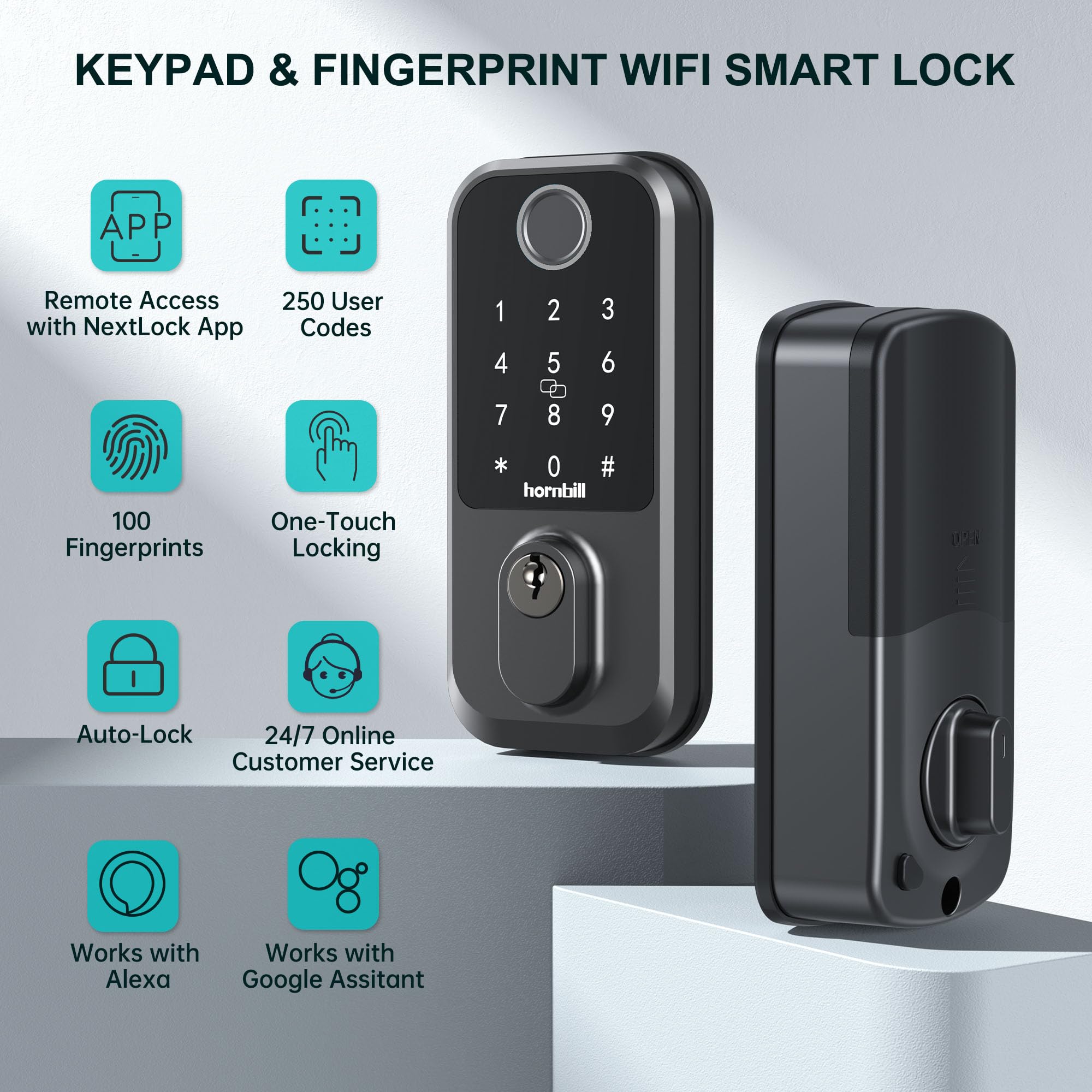Hornbill Keyless Entry Wi-Fi Smart Lock with Fingerprint - Biometric Smart Deadbolt for Front Door & Exterior Doors - Keypad Entry & Auto-Lock - Matte Black Finish - Perfect for Rentals, Homes & Airbnbs