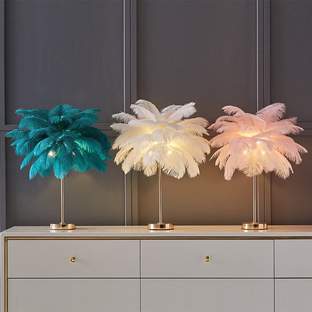 KunMai Pink Feather Table Lamp with Plug-in Wire - 3-Light Modern Bedside Lamp for Bedroom, Living Room & Nursery - Gold Accent Decorative Lighting for Home Decor