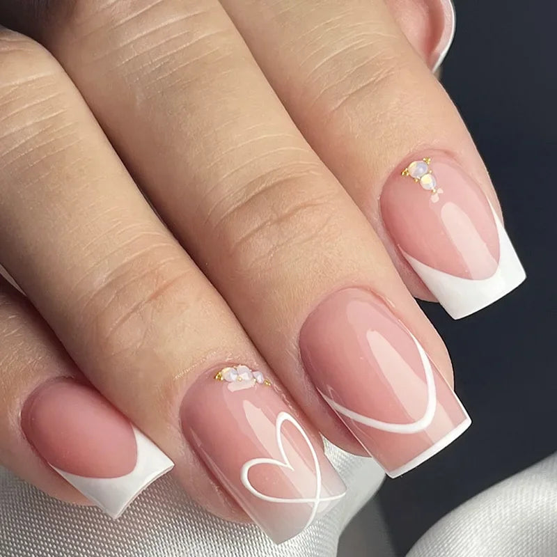 24Pc Square French Fake Nails with Heart Love Designs - Glossy White & Pink Press on Nails | Full Cover False Nails for Valentine's Day | Perfect for Parties, Weddings & Special Occasions