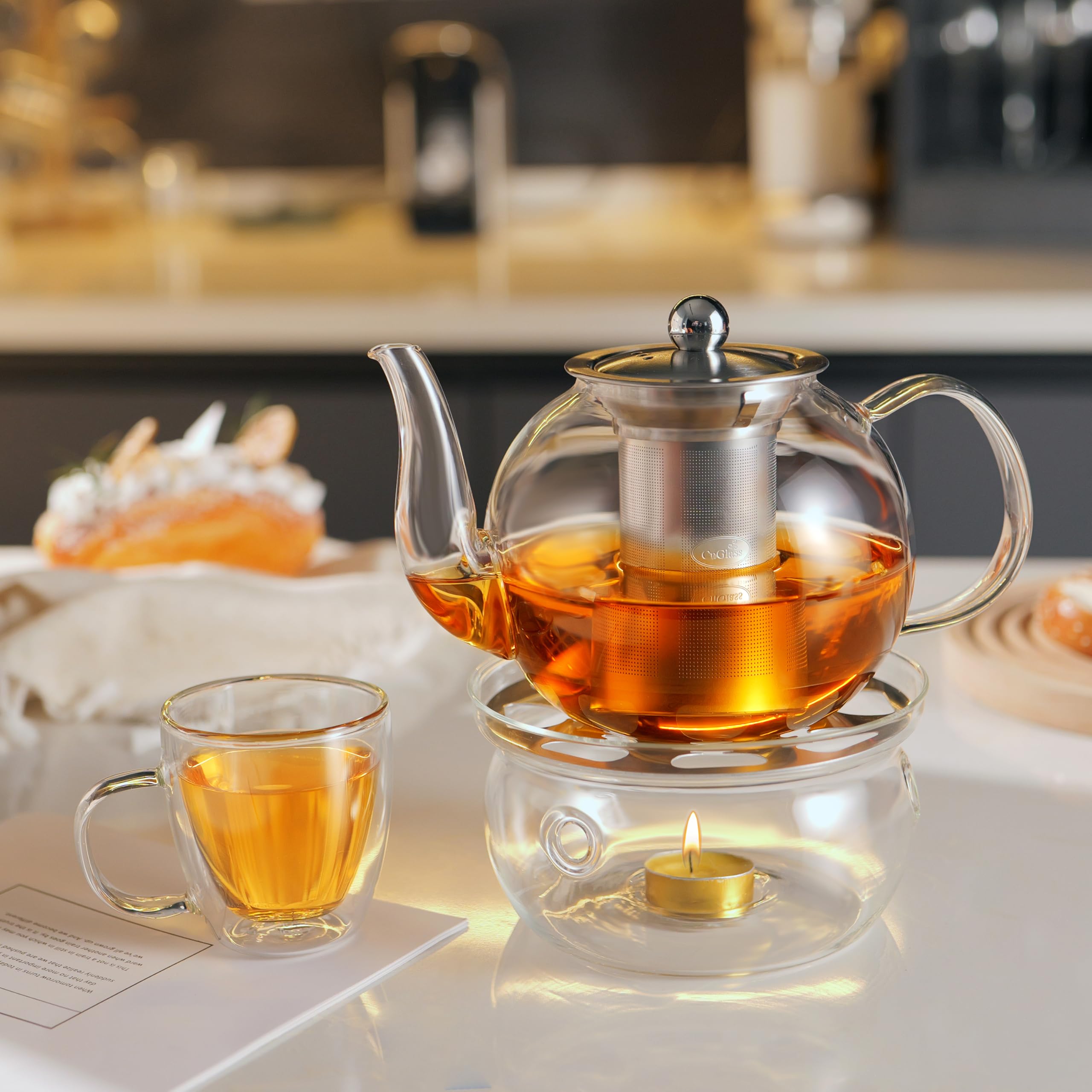 CNGLASS 900ml Glass Teapot with Removable Infuser - Clear Stovetop Safe Tea Kettle for Blooming & Loose Leaf Tea - Perfect for Home, Office & Gift Giving
