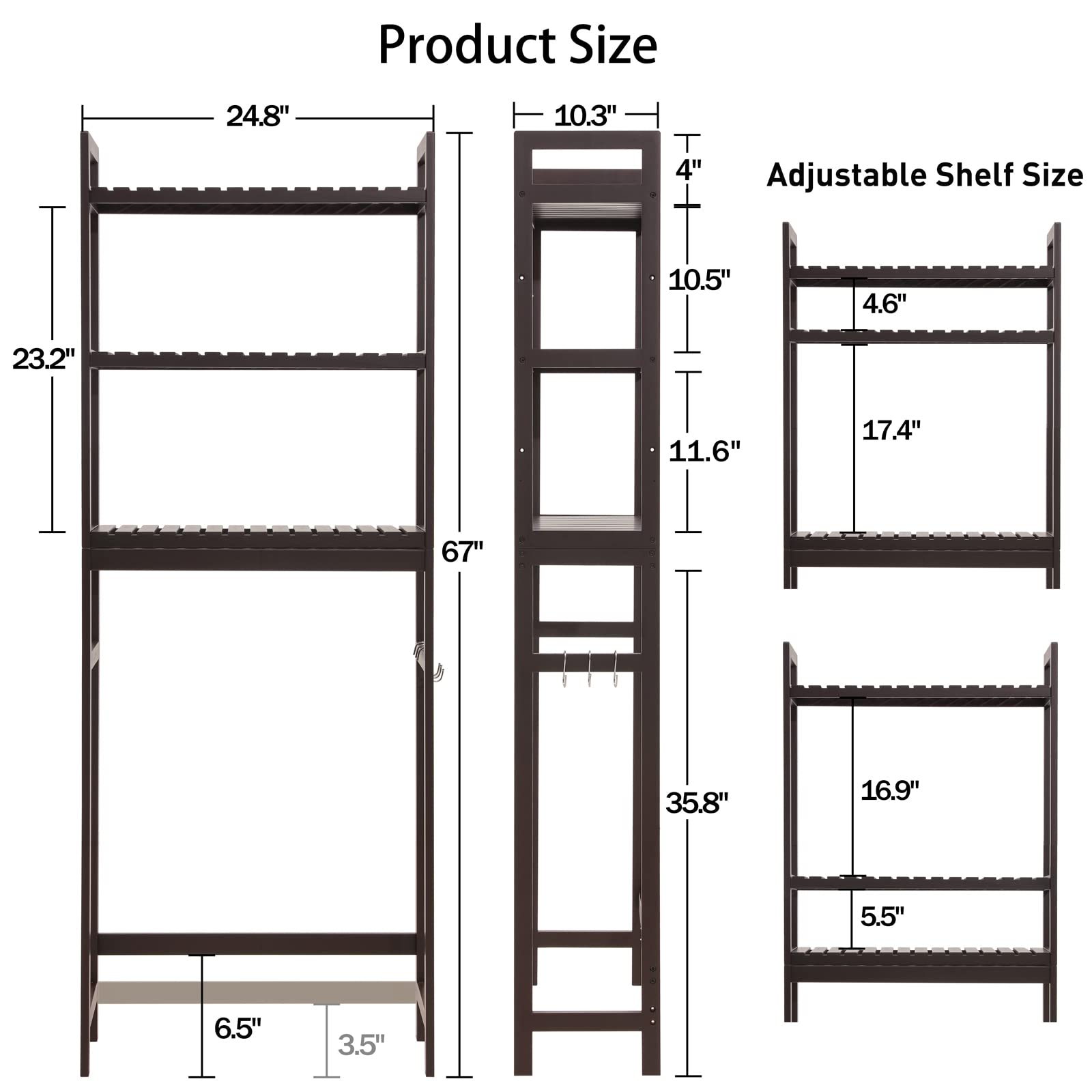 HITOMEN 3-Tier Over The Toilet Storage Cabinet - Adjustable Bamboo Bathroom Shelf with Hooks for Bathroom, Laundry & Balcony Organization - Dark Brown Freestanding Toilet Organizer (67