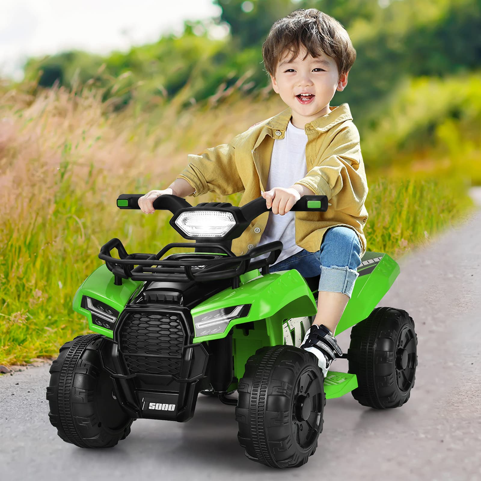 Costzon 6V Kids Electric ATV Quad - Battery Powered Ride-On Toy with Storage Basket, Headlights, Horn & Music for Boys & Girls 18-36 Months | Outdoor Play, Backyard Fun, Birthday Gift (Green)