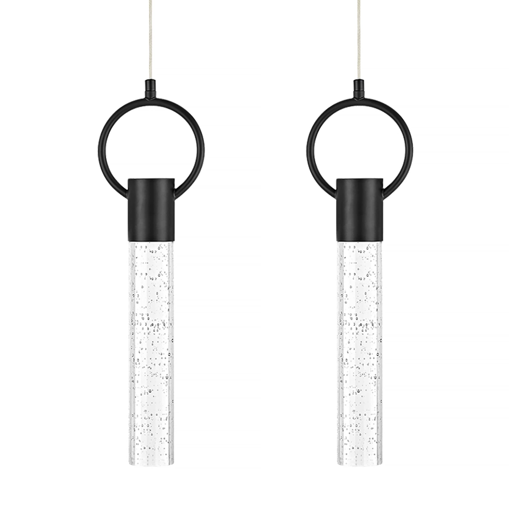 2 Pack Black LED Pendant Lights for Kitchen Island & Bedroom - Modern Seeded Crystal Cylinder Bubble Lighting Fixtures - Perfect for Dining Room, Bar Counter, and Living Room Decor