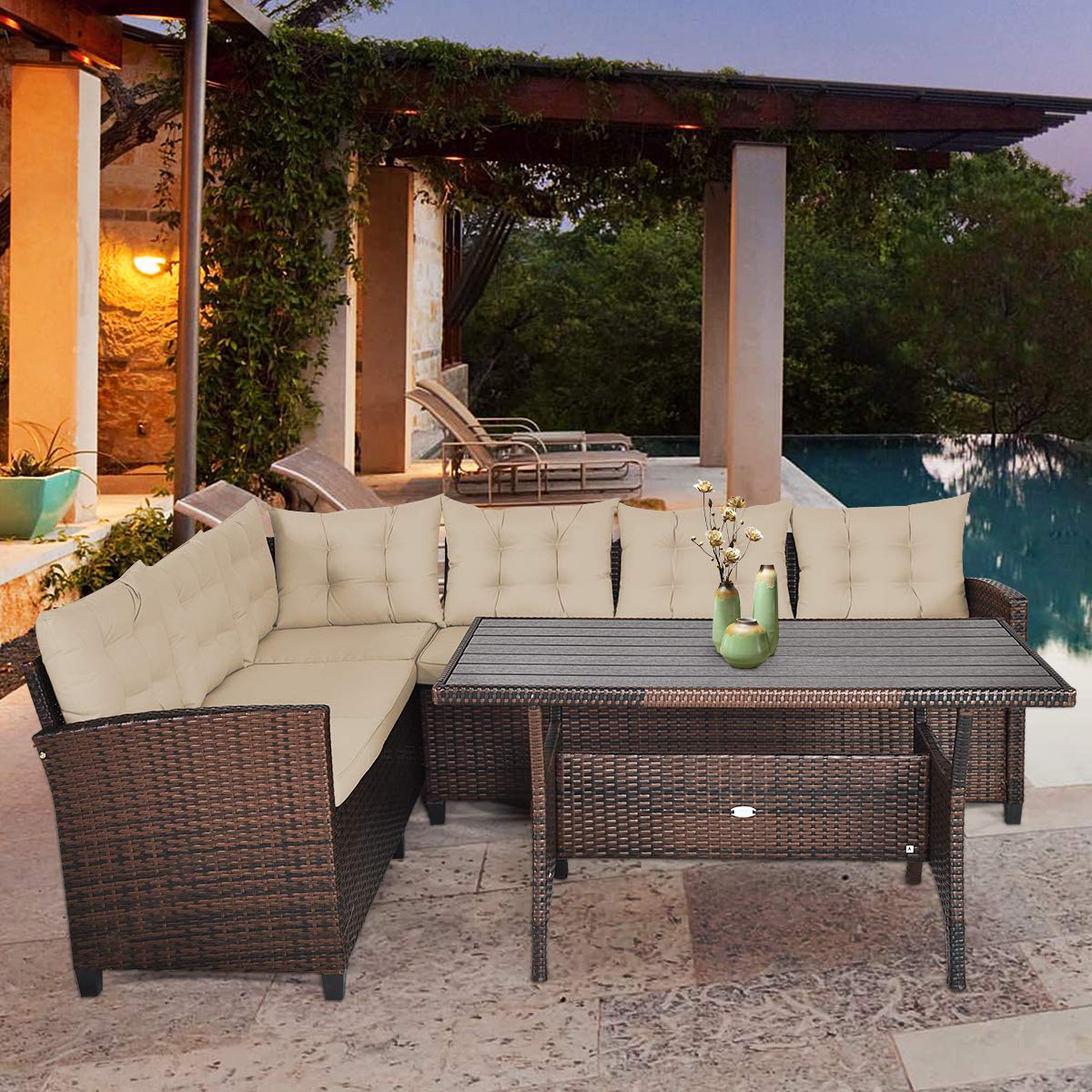 HappyGrill 3-Piece Wicker Patio Conversation Set with Cushions - Outdoor Rattan Sofa & Coffee Table for Garden, Lawn, Poolside & Backyard - Perfect for Relaxing, Entertaining & Outdoor Gatherings