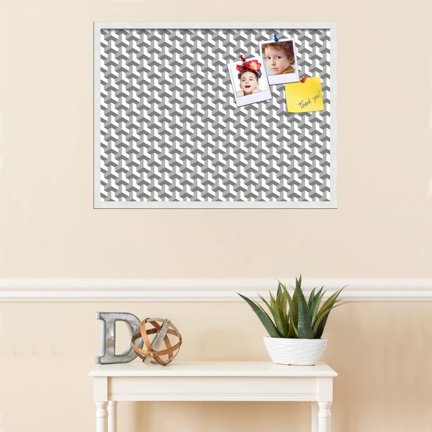 PinPix 32x24 Inch Cork Bulletin Board - Decorative Framed Pin Board with BAUS Grey White Design & Satin White Frame - Perfect for Home Office Decor, School Classroom, Dorm Room Organization & Wall Memo Display (PinPix-1514)