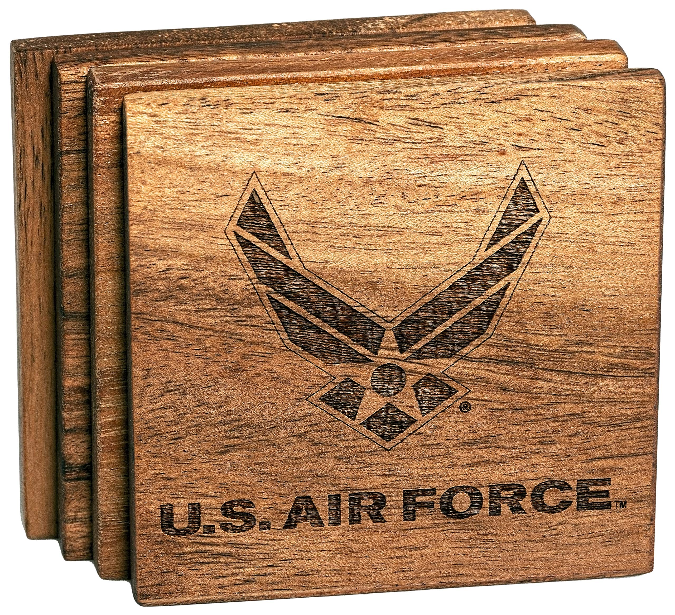 US Air Force Emblem Coasters - Engraved Acacia Wood Drink Coasters Set of 4 - Patriotic Military Home Decor - Perfect Gift for Retirement, Graduation, Birthday - Ideal for Bars, Living Rooms & Man Caves