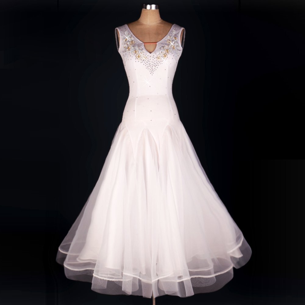 Elegant White XL Women's Modern Waltz Tango Smooth Ballroom Dance Dress - Perfect for Standard Ballroom Competitions & Social Dance Events
