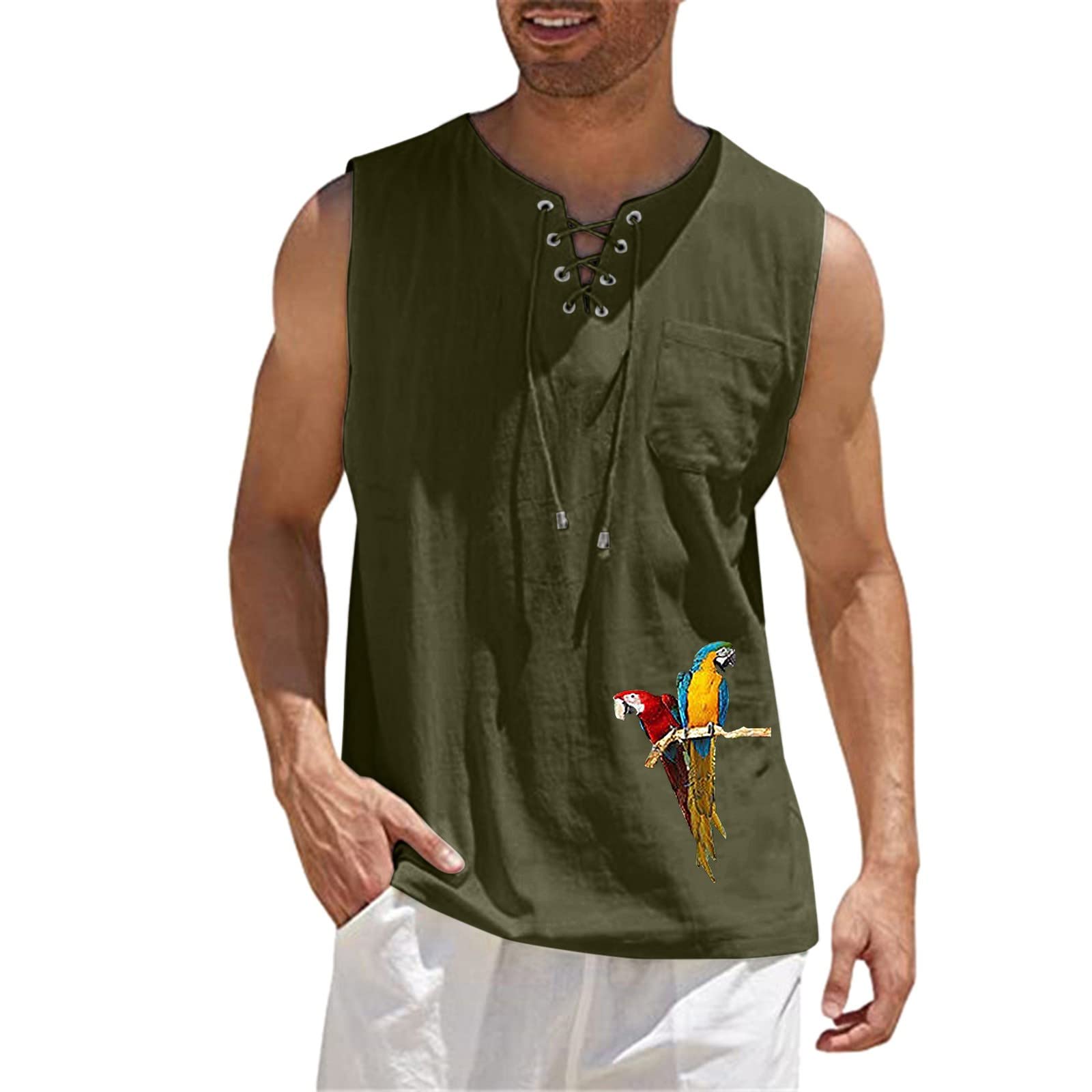 XXBR Men's Cotton Linen Sleeveless Shirt - Summer V Neck Hippie Vest, Drawstring Casual Loose Fit Tank Top for Beach, Music Festivals & Boho Style Outfits