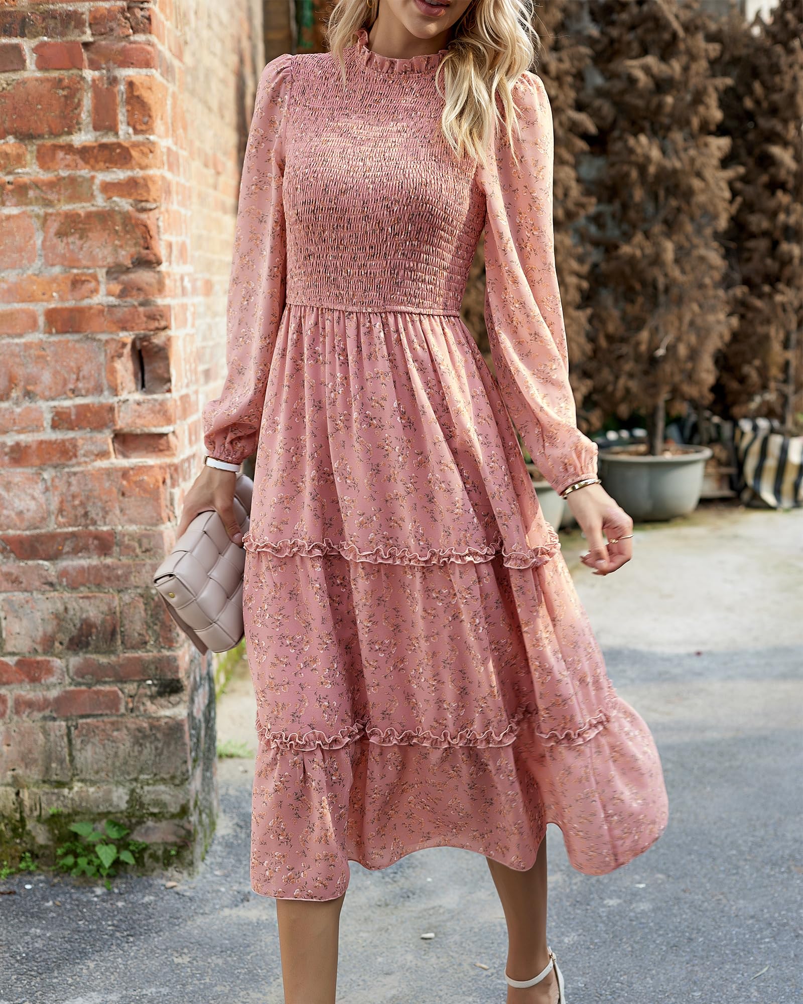 NOLLSOM Women's Floral Boho Maxi Dress - Long Sleeve Crew Neck A-Line Flowy Wedding Guest Dress for Spring 2025 | Perfect for Beach Vacations, Garden Parties & Casual Outings