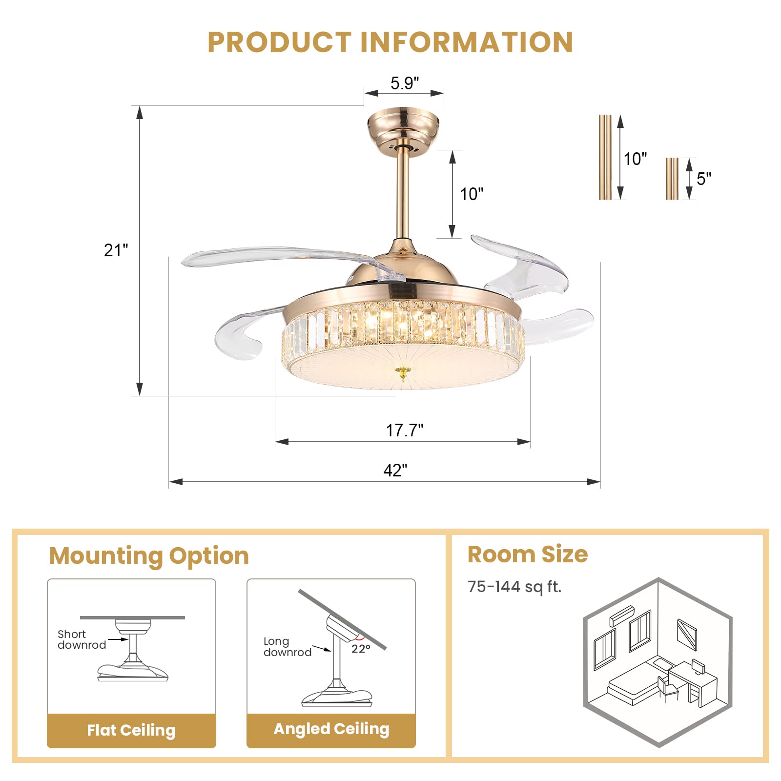 CROSSIO 42 Inch Crystal Ceiling Fan with Dimmable LED Lights - Remote Control Retractable Gold Chandelier Fan for Bedroom, Living Room & Dining Room | Modern Home Decor, Energy Efficient Cooling & Ambient Lighting Solution