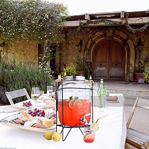 2 Gallon Clear Glass Beverage Dispenser with Stainless Steel Spigot & Stand - Mason Jar Style Drink Dispenser for Cold Beverages Only - Perfect for Parties, Weddings, and Outdoor Events
