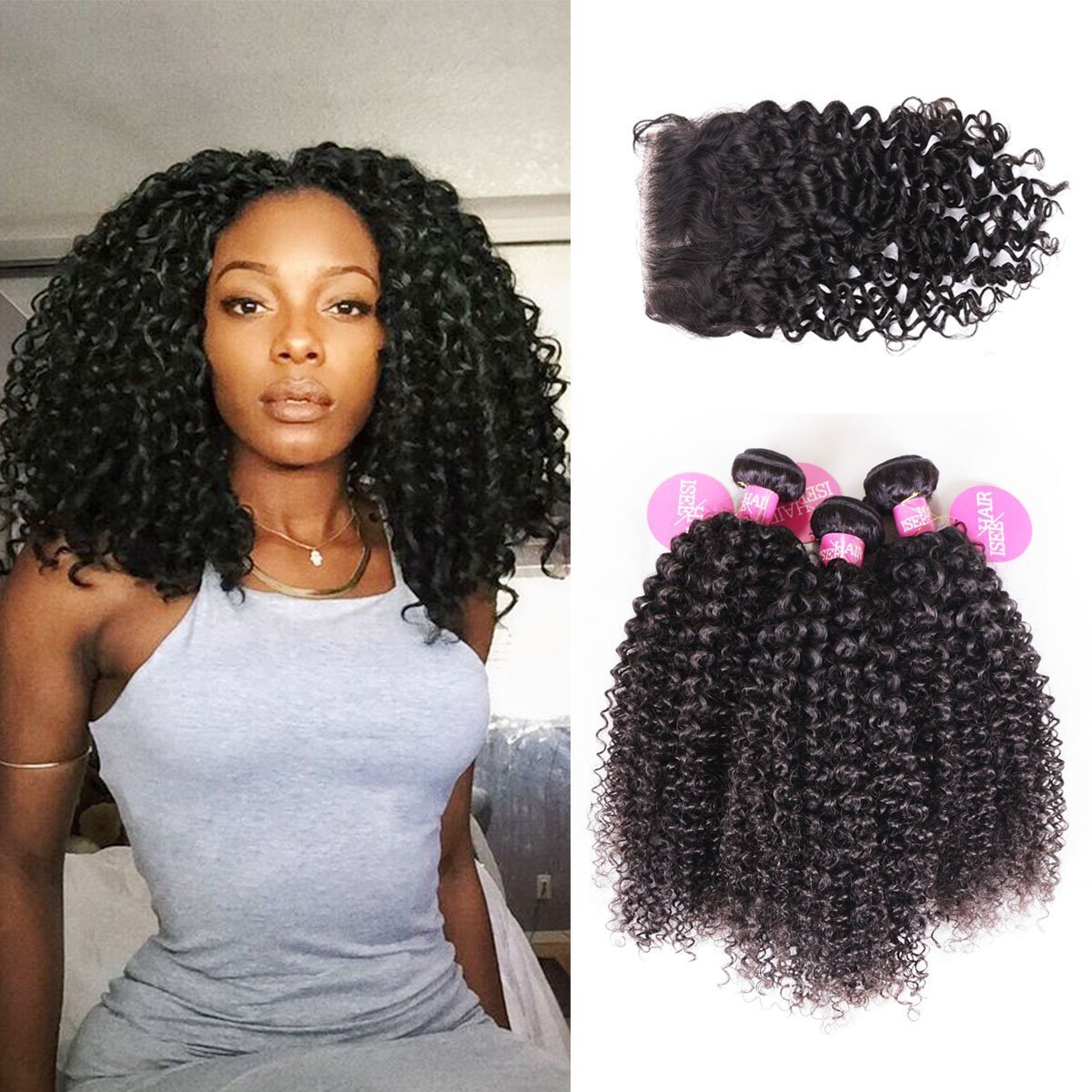 100% Virgin Malaysian Deep Curly Jerry Curly Human Hair Extensions - 3 Bundles with Free 4x4 Lace Closure (22