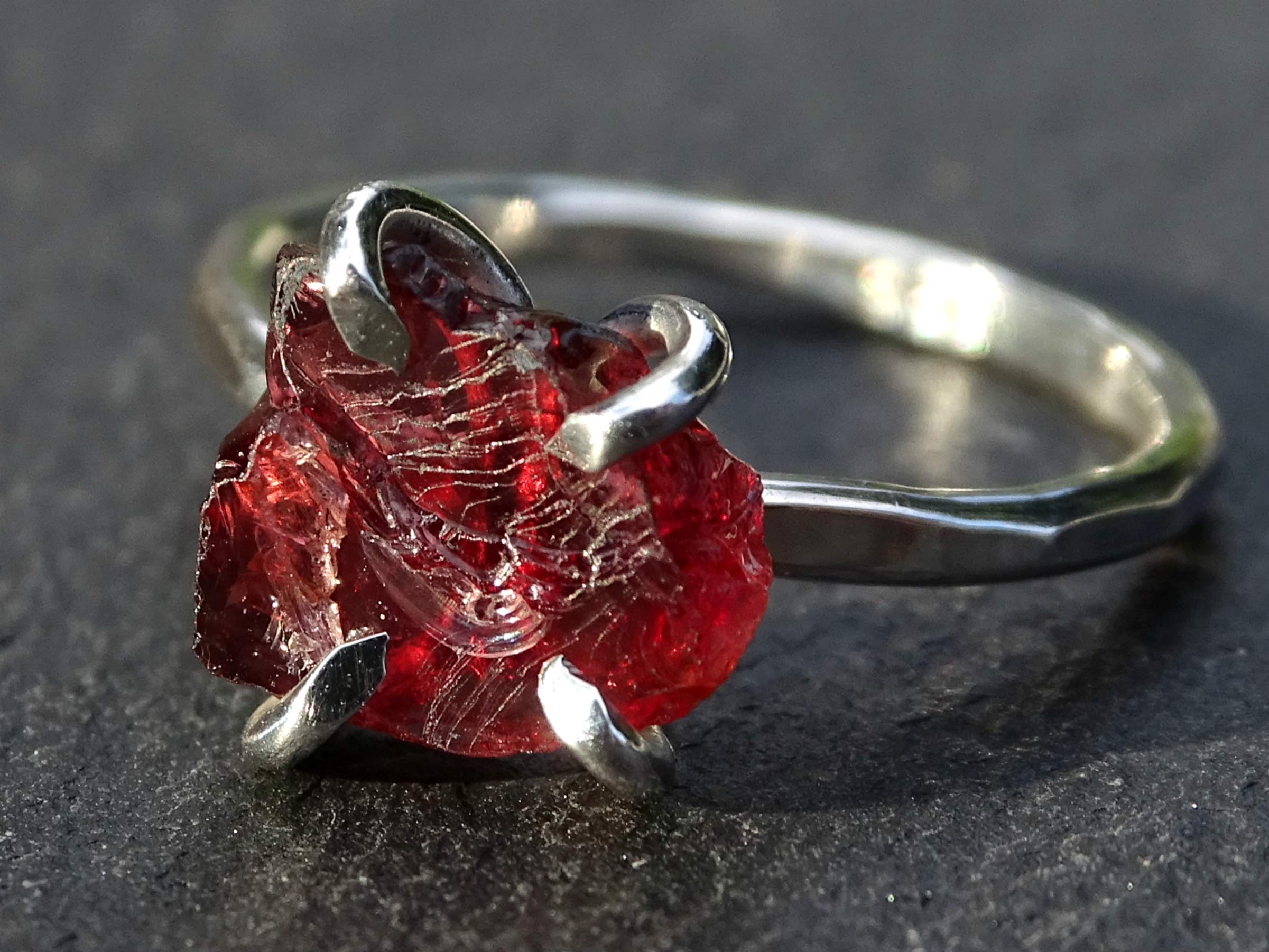 Natural Raw Garnet Silver Ring | Organic Stone Stacking Ring | Raw Crystal Jewelry | Unique Silver Engagement Ring for Women | Perfect Gift for Her - Boho Wedding, Everyday Wear, Anniversary Present