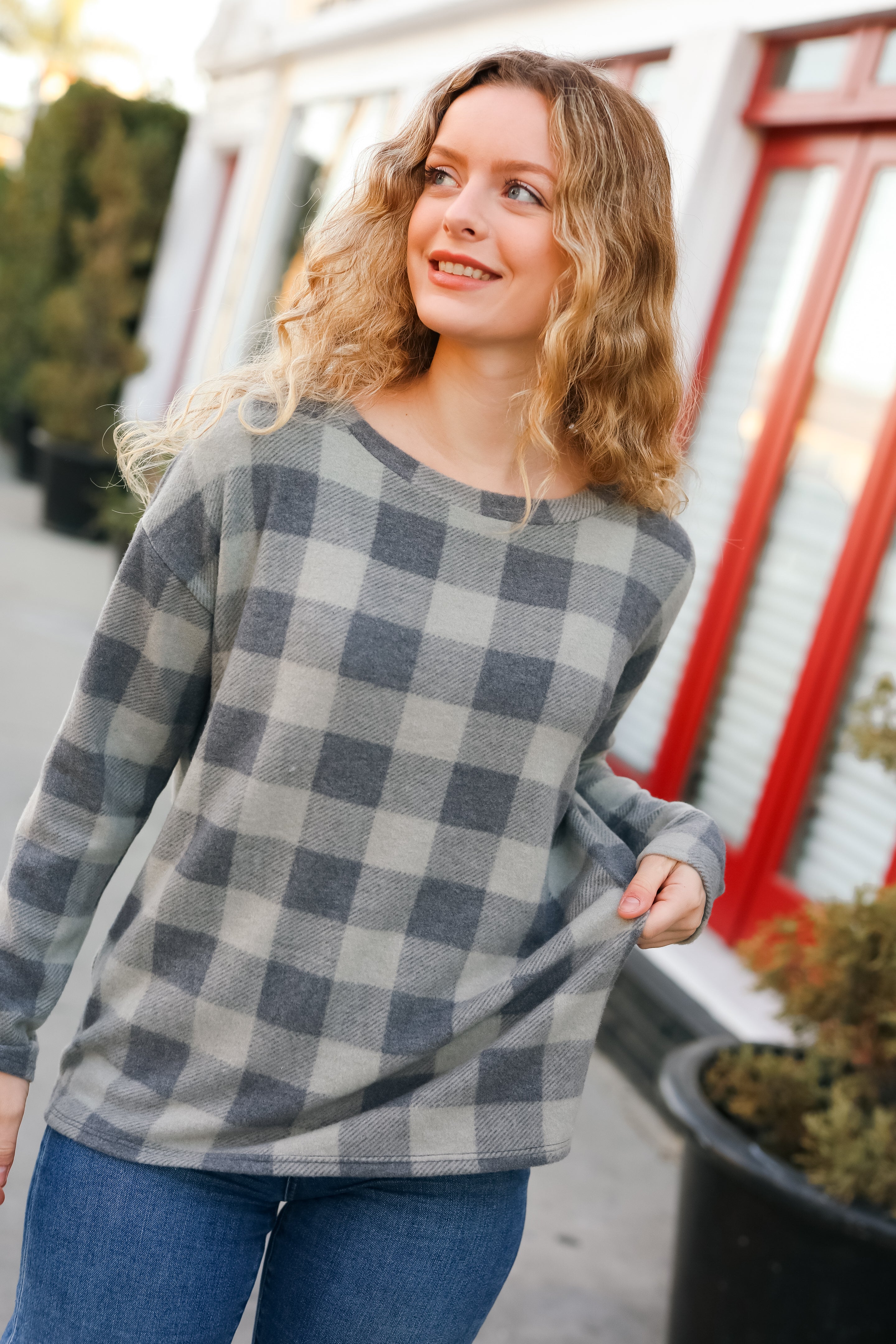 Olive Grey Checker Plaid Hacci Pullover Sweater - Cozy Knit Oversized Women's Top for Fall & Winter Fashion | Perfect for Casual Outfits, Layering, and Cold Weather Wear