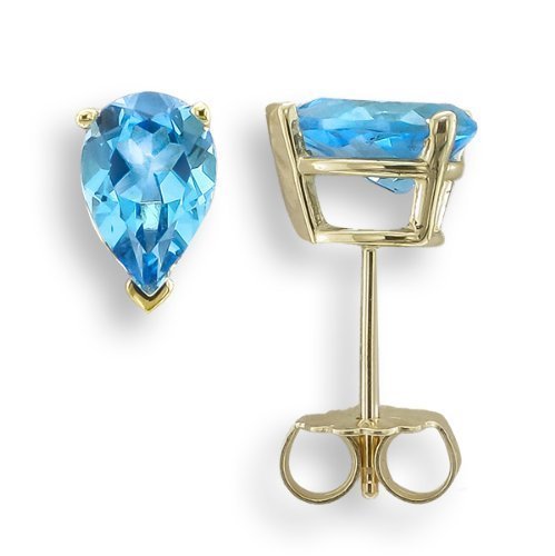 14K Yellow Gold Pear-Shaped Swiss Blue Topaz Earrings for Women – Elegant Dangling Jewelry for Parties, Weddings & Special Occasions