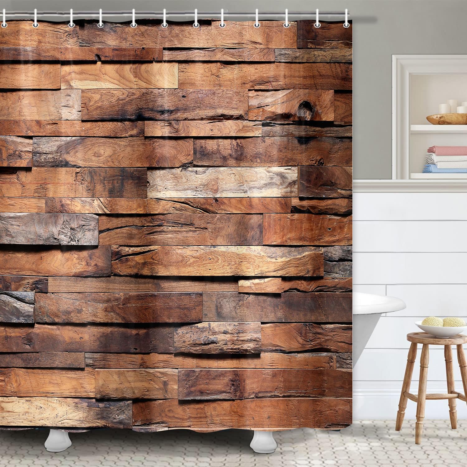 Rustic Barn Door Shower Curtain - Wood Panels Texture Polyester Bathroom Decor with Hooks, 69x70 Inch - Perfect for Farmhouse, Vintage & Modern Bathroom Styles
