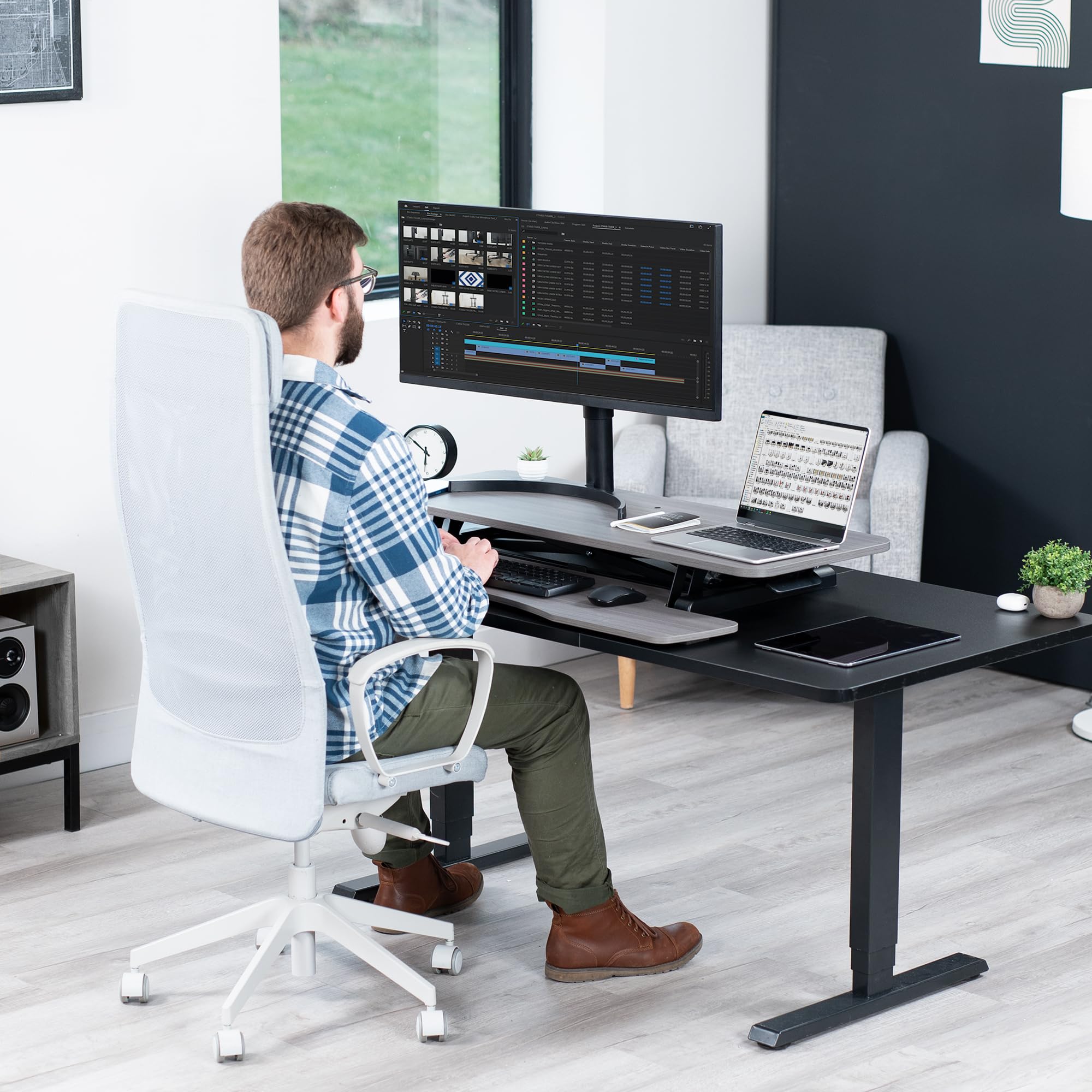VIVO K Series 42 Inch Height Adjustable Sit to Stand Desk Converter - Dual Monitor & Laptop Workstation with Wide Keyboard Tray (Gray Top, Black Frame) | Perfect for Home Office, Gaming Setup & Ergonomic Workspace