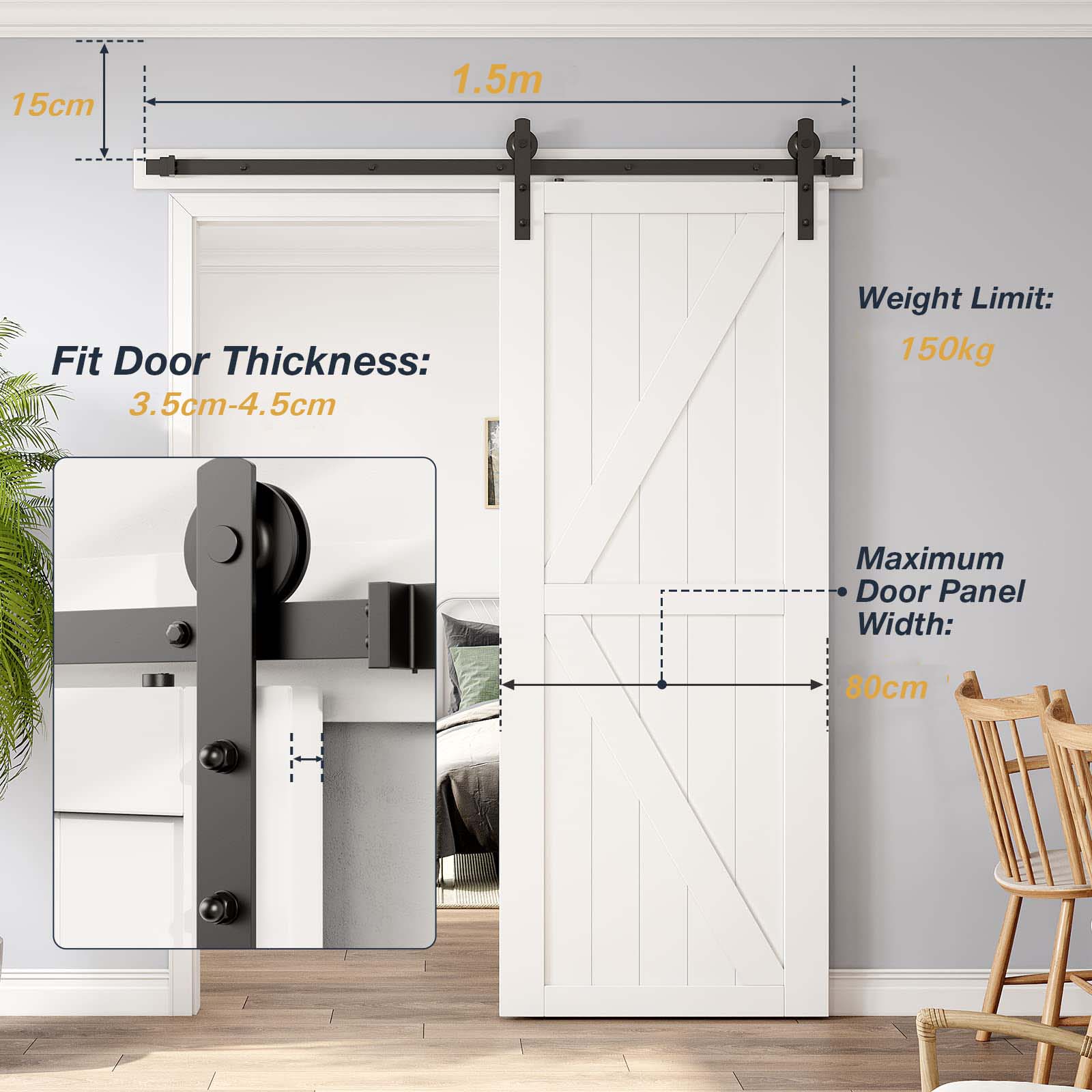 1.5m Heavy Duty Sliding Barn Door Hardware Kit with Damper - Smooth Track Rail Roller System for Single Doors | Perfect for Farmhouse, Loft & Industrial Style Homes