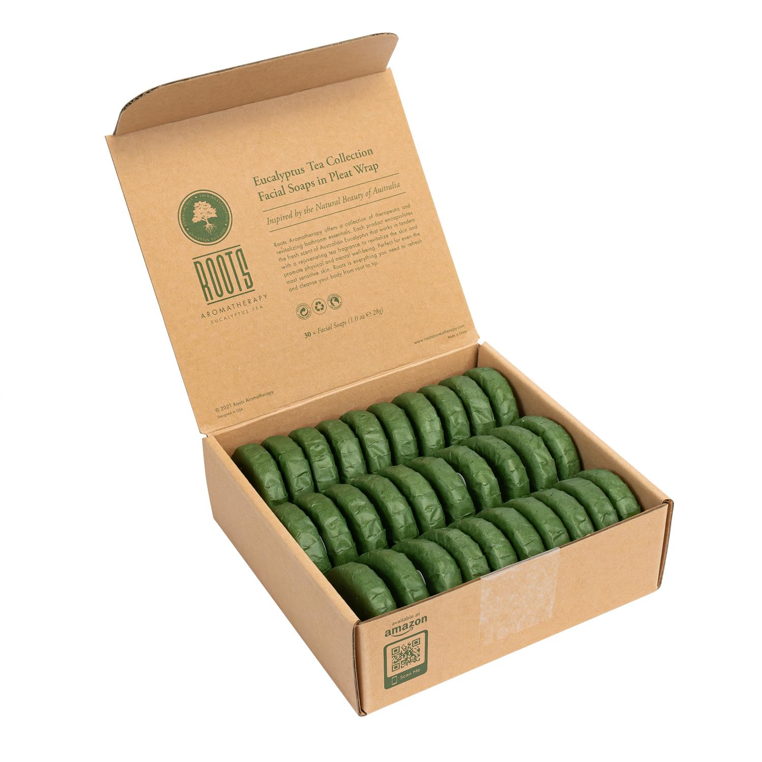 **Roots Aromatherapy Eucalyptus Tea Facial Soap - 1oz/28g Travel Size (30 Pack) - Bulk Hotel Toiletries for Bathroom, Guests, Lodging & Motels - Perfect for Travel, Spa & Home Relaxation**