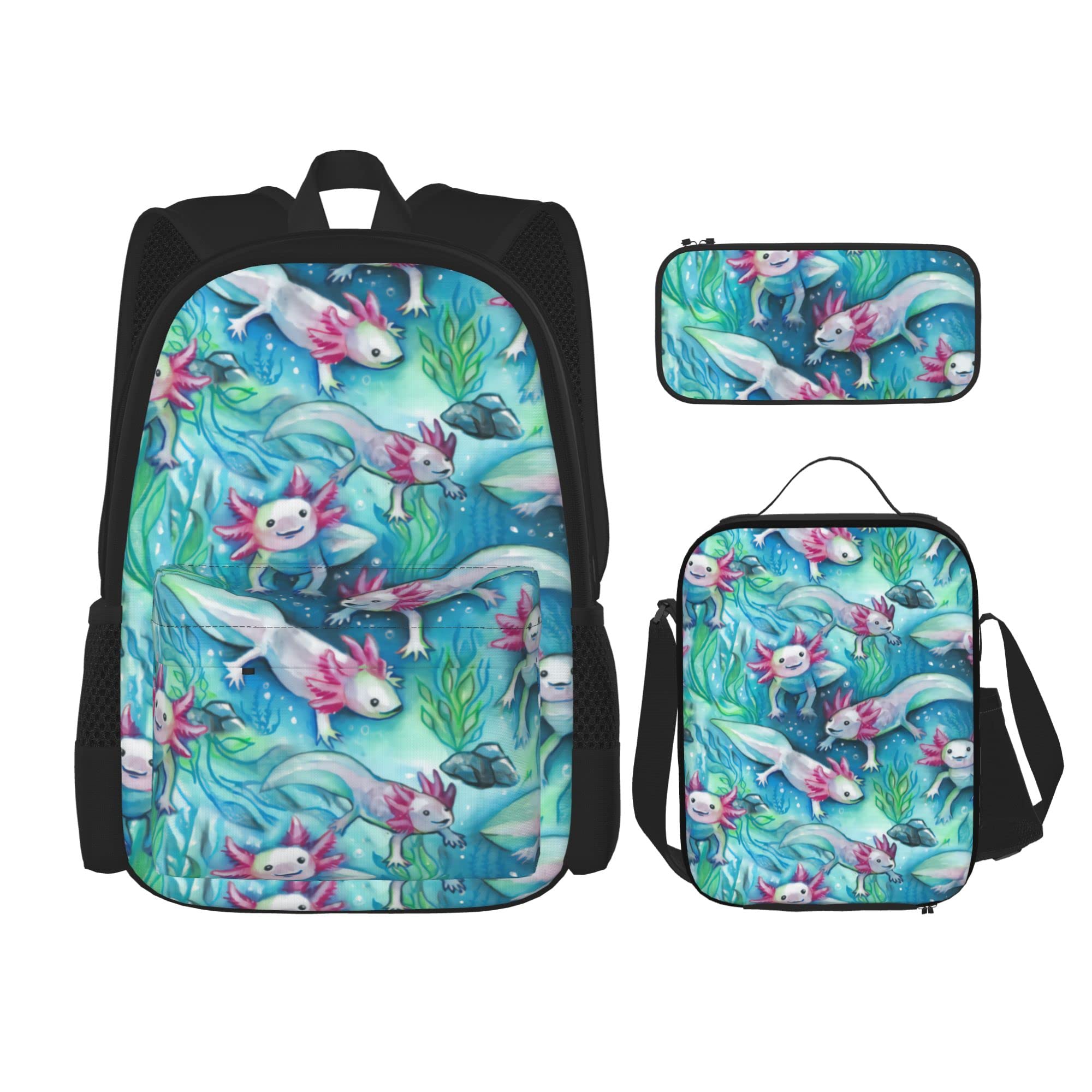 9696 Axolotl Cute 3-Piece Travel Backpack Set with Insulated Lunch Box & Pencil Case - Black One Size - Perfect for School, Work, Travel & Daily Use