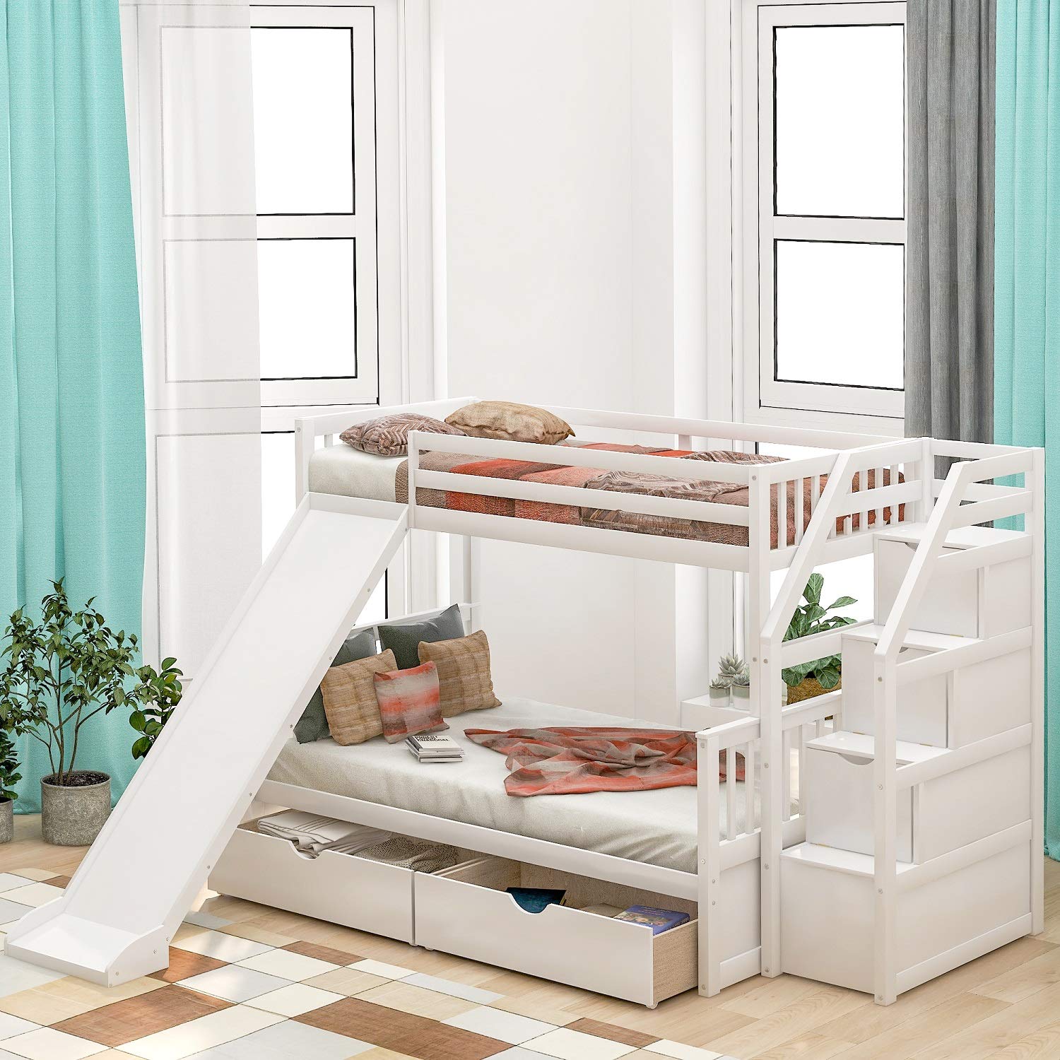 Danxee Twin Over Full Bunk Bed with Stairs, 2 Drawers & Slide - Multifunctional Wood Loft Bed with Storage for Kids & Adults - Convertible into 2 Separate Beds (White) - Perfect for Small Bedrooms, Guest Rooms & Kids' Shared Spaces