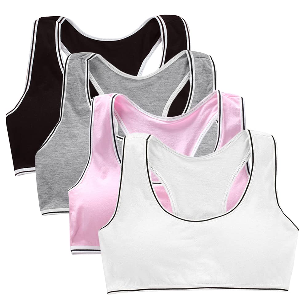 Seamless Girls Racerback Sports Bra 4-Pack - Soft Cotton Stretch Workout Bras for Big Girls Ages 8-15 - Comfortable Athletic Support for Running, Yoga & Gym - Pattern 1