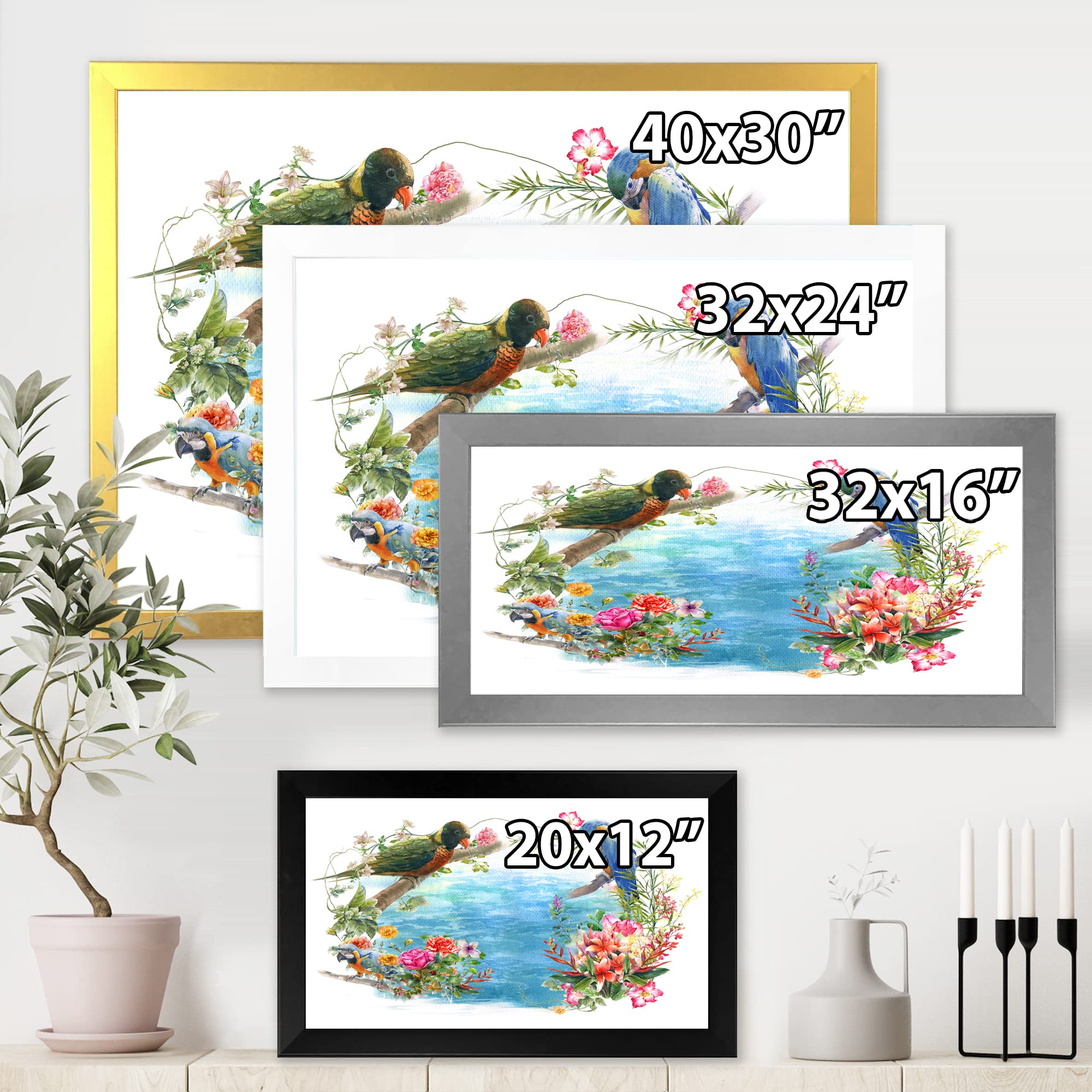 Birds and Flowers by the Blue Waterside - Traditional Framed Wall Art Painting for Living Room, Bedroom & Office Decor