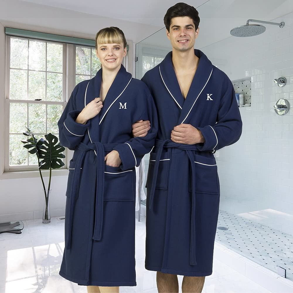 Premium Navy Blue Unisex Turkish Cotton Waffle Weave Bathrobe - Soft Terry Cloth Robe with White Block Monogram - Size M (S/M) - Perfect for Spa, Hotels, and Cozy Home Relaxation