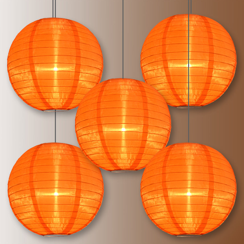 5 Pack Orange Shimmering Nylon Lanterns - 14 Inch Even Ribbing, Durable Hanging Decorations for Parties, Weddings & Outdoor Events