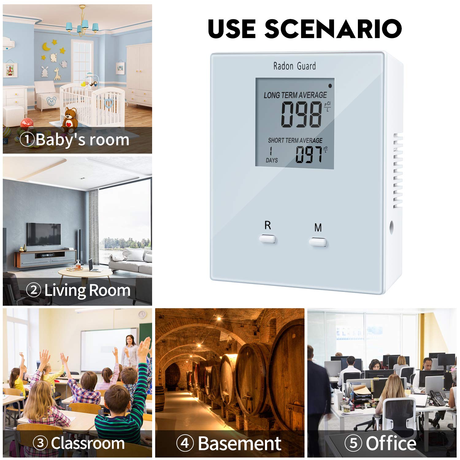 Elifecity Portable Radon Detector - Long & Short Term Home Radon Monitor with Easy-to-Use Digital Display | Battery-Powered Radon Gas Tester for Basement, Bedroom & Indoor Air Quality Testing