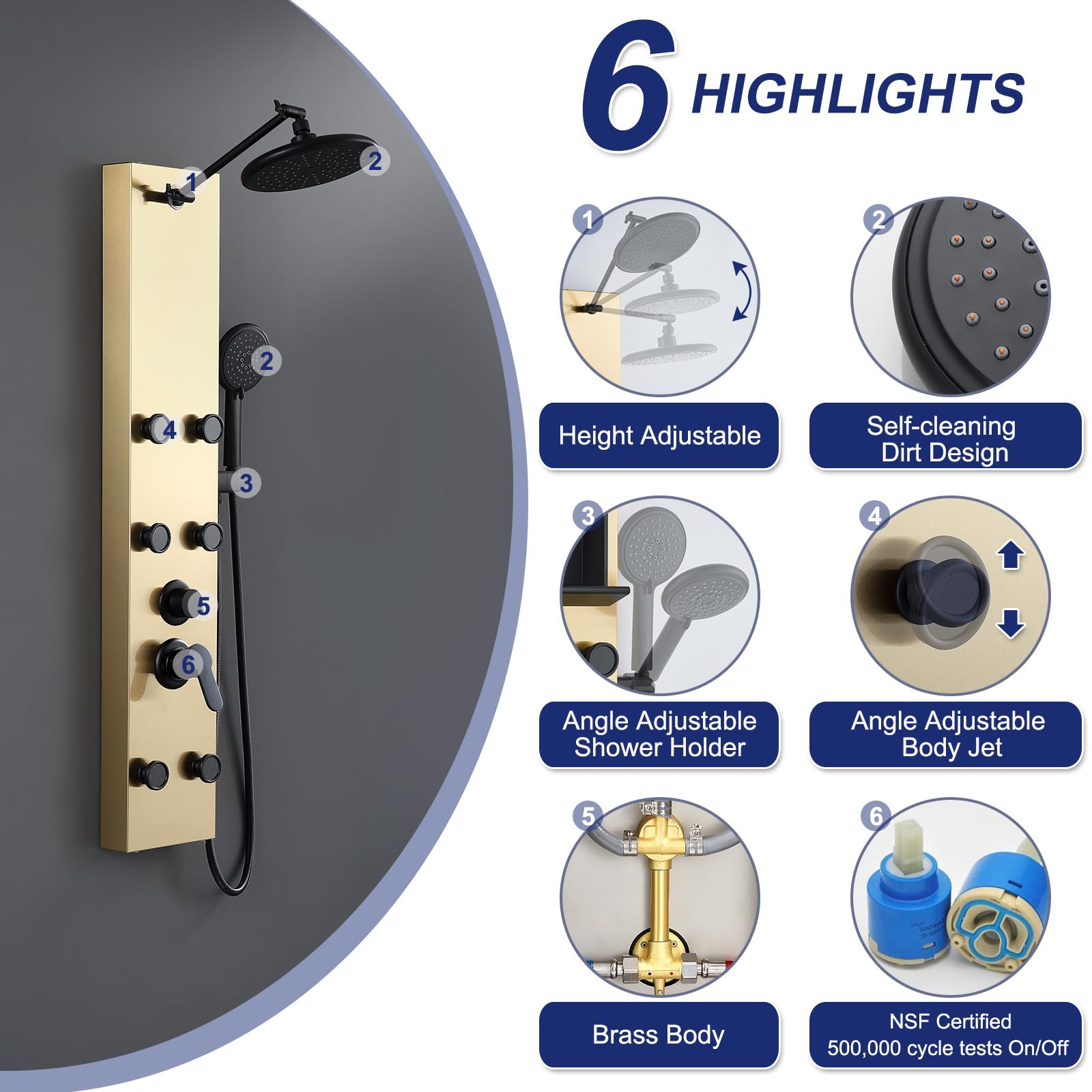 ROVATE Luxury Shower Panel Tower System - 6 Body Massage Jets & 5-Function Handheld Shower Head, Adjustable Rainfall Shower with Self-Cleaning Nozzles, Brushed Gold Stainless Steel Wall Mount Column - Perfect for Spa-Like Bathroom Experience & Modern Home Upgrade