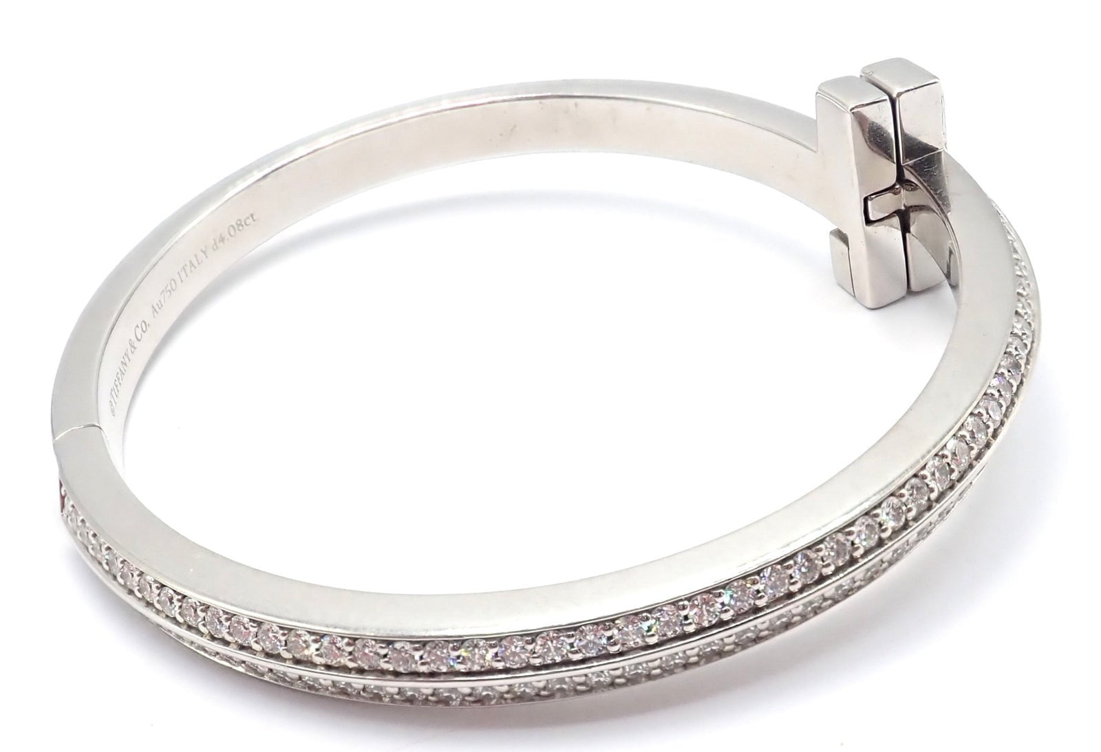 Authentic Tiffany & Co 18k White Gold Diamond T1 Wide Hinged Bangle Bracelet - Luxury Jewelry for Women, Perfect for Weddings, Anniversaries & Special Occasions