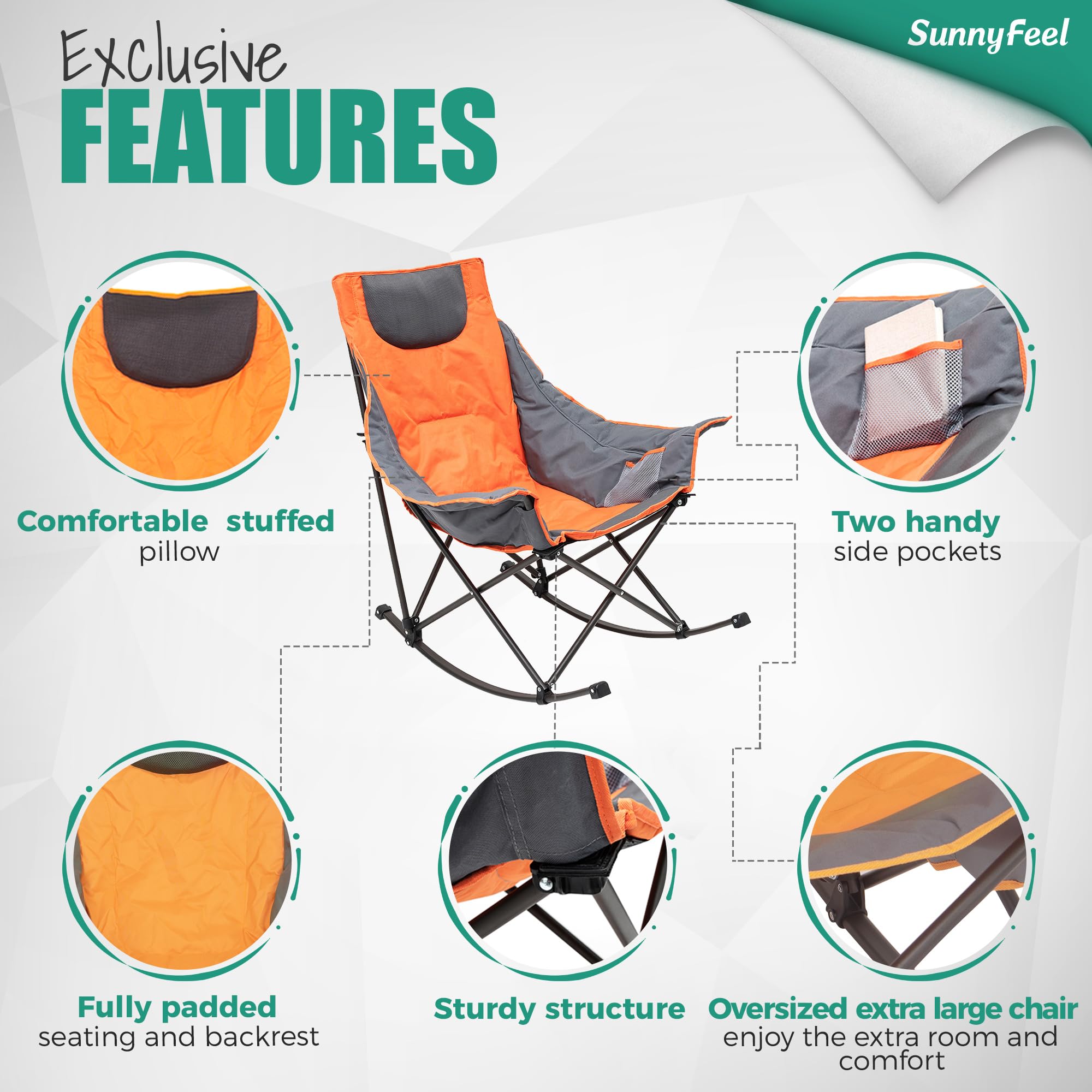 Premium SUNNYFEEL Rocking Camping Chair - Heavy Duty Oversized Folding Recliner with Padded Seat & Storage Pocket - Portable Outdoor Lounge Chair for Camping, Picnics, Beach, Patio & Backyard Relaxation - Includes Carry Bag