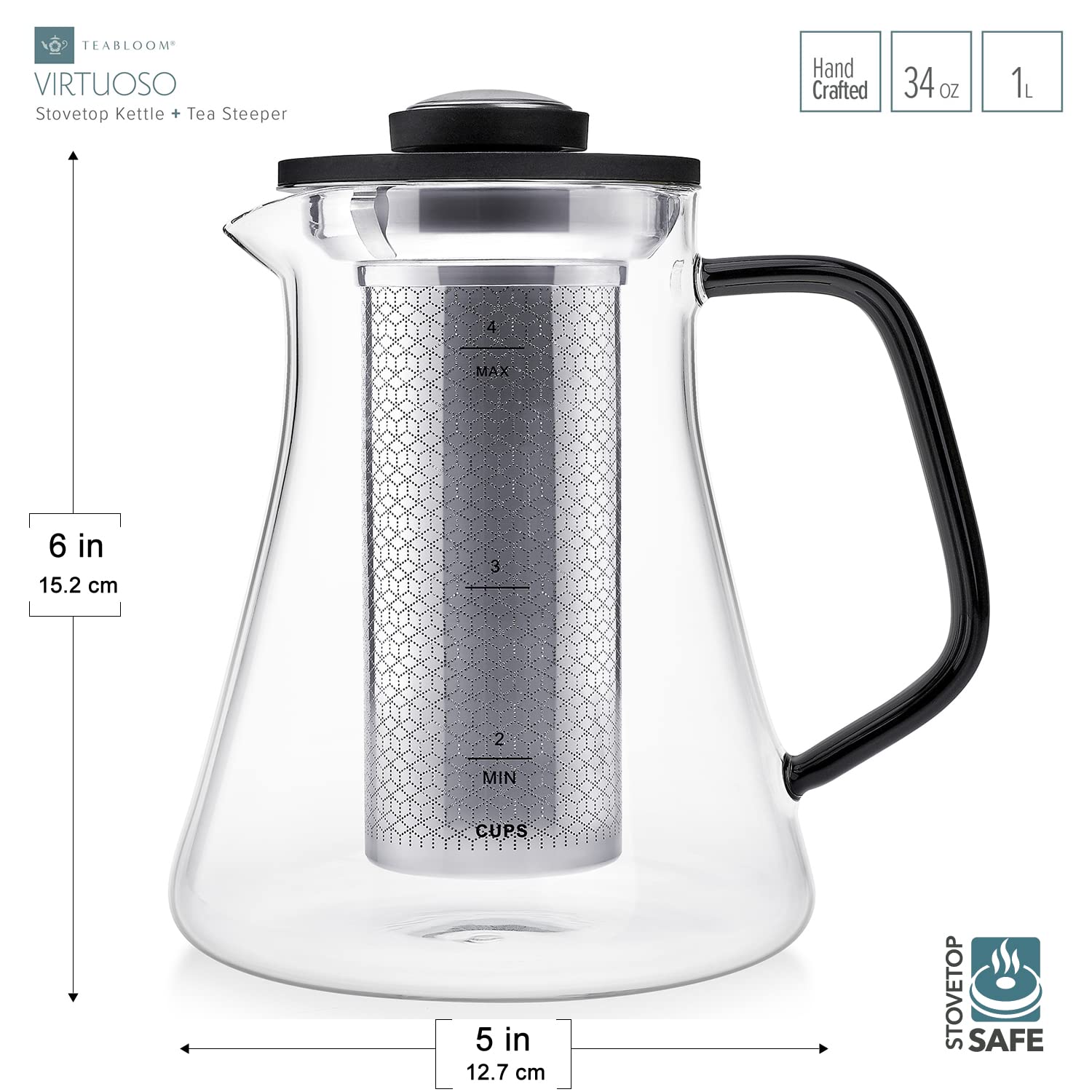 Teabloom 2-in-1 Glass Tea Kettle with Thermometer & Stainless Steel Infuser - 34oz Whistle-Free Tea Maker for Loose Leaf Tea | Perfect for Home, Office & Gift Giving