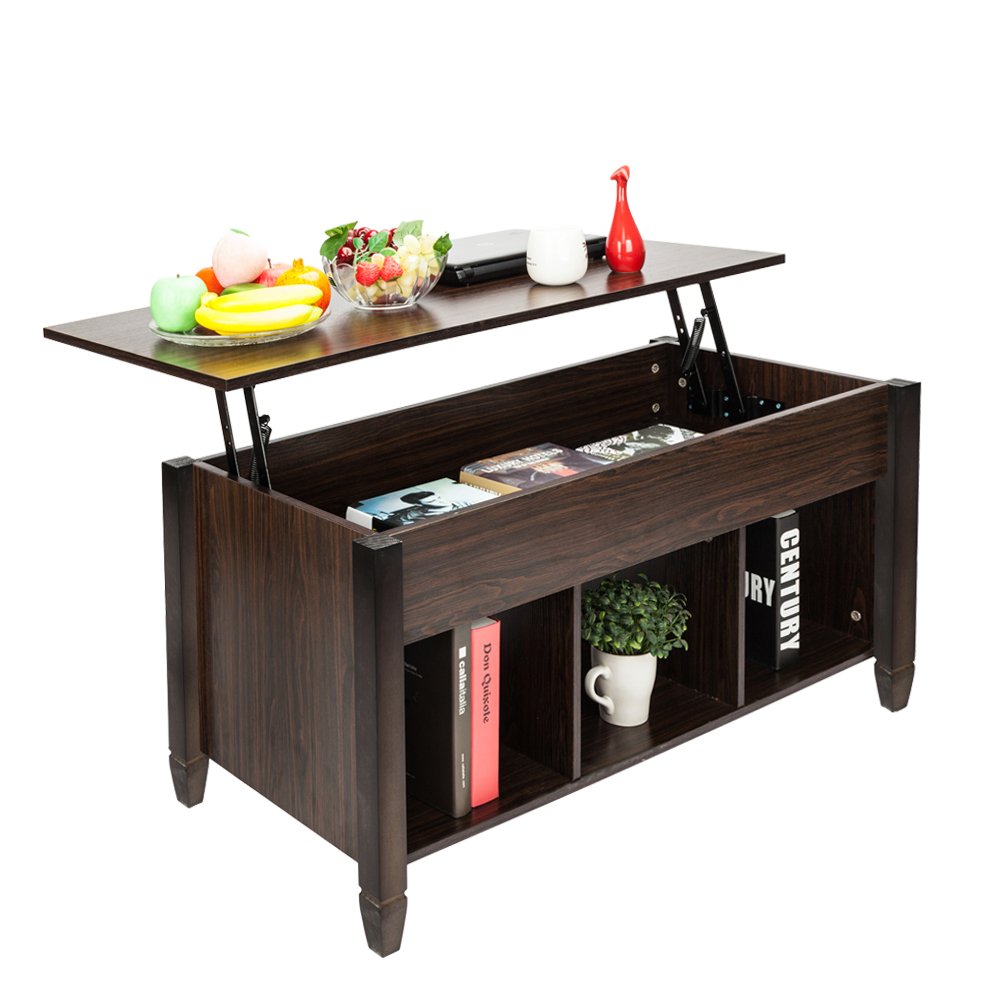 Minimalist Lift Top Coffee Table with Hidden Storage Compartment & Shelves - Modern Wooden Cocktail Table for Living Room, Bedroom, or Office (Brown) - Perfect for Small Spaces, Entertaining & Organization