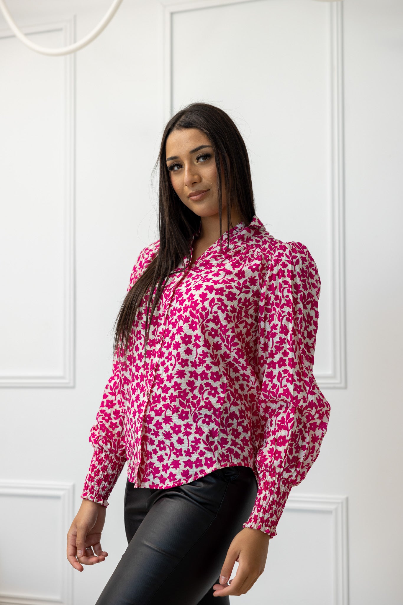 Floral Shirring Puff Sleeve Blouse for Women - Elegant Ruffle Top with Elastic Waist - Perfect for Office, Date Night & Spring Outfits