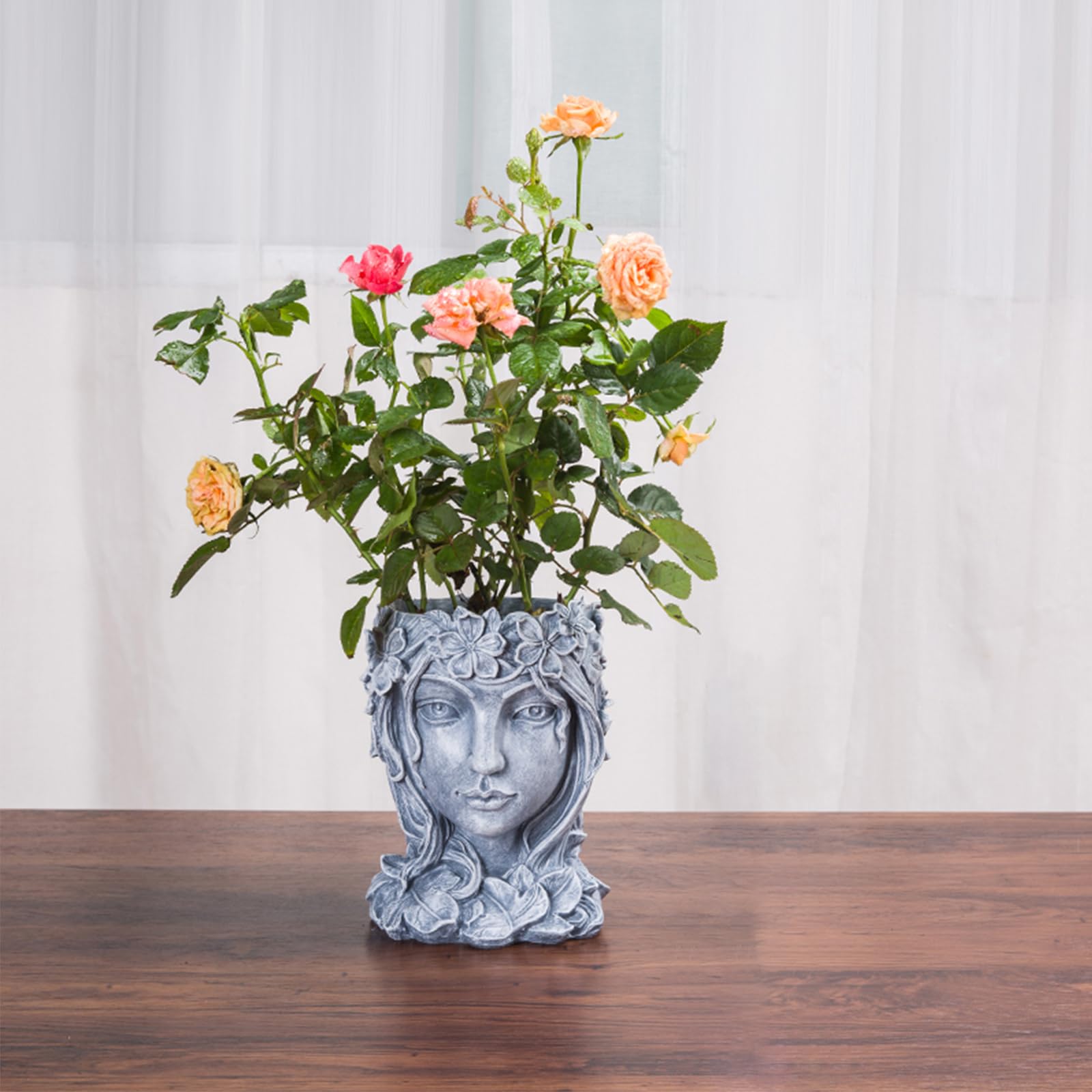 Decorative Gray Resin Face Planter with Drainage Hole - 5.7''W x 7.87''H Sculpted Goddess Flower Pot for Indoor & Outdoor Plants - Perfect for Succulents, Herbs, and Home Garden Decor