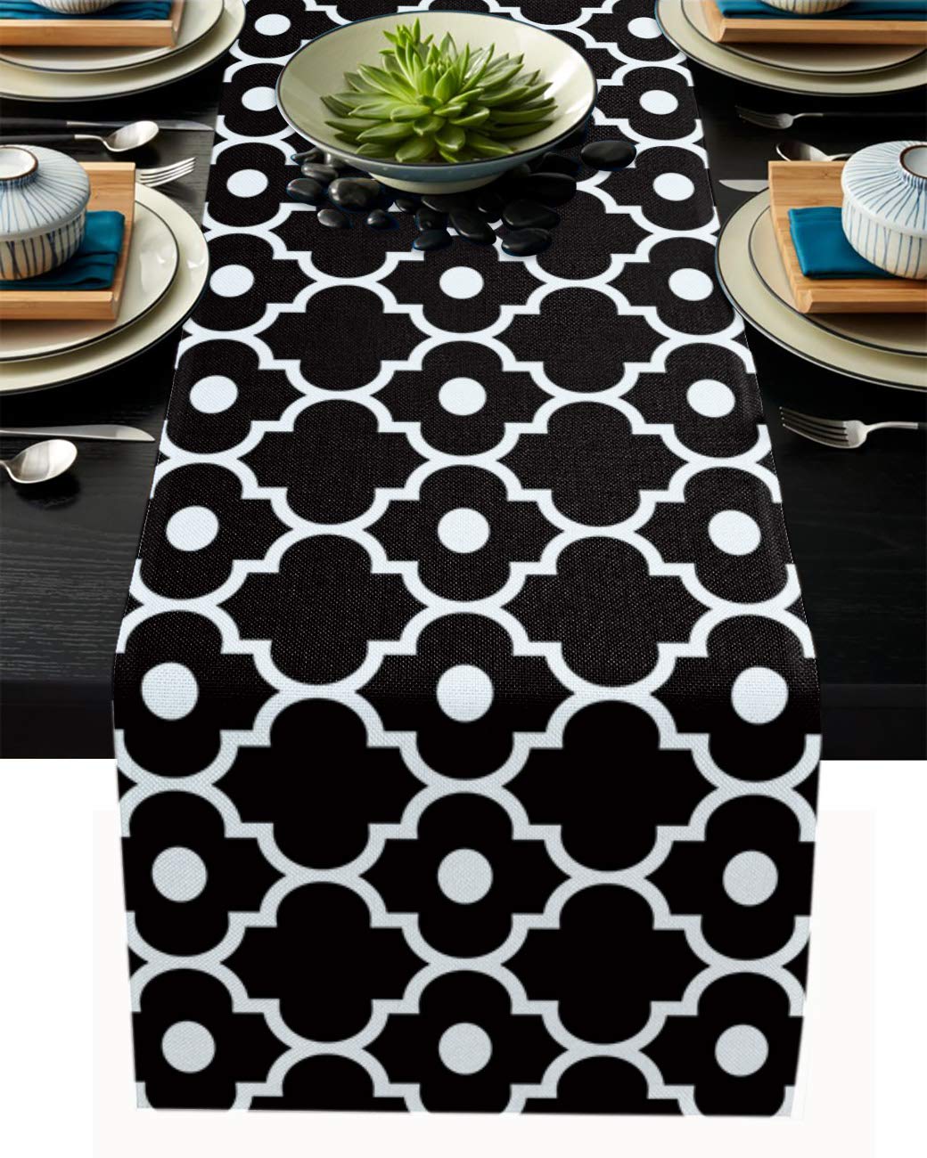 YEHO Art Gallery Table Runner - 13x70 Inch Farmhouse Style Decorative Table Runner, Black Moroccan Fabric with Pearl Pattern, Non-Slip Dining & Coffee Table Decor for Home, Kitchen, and Party Settings