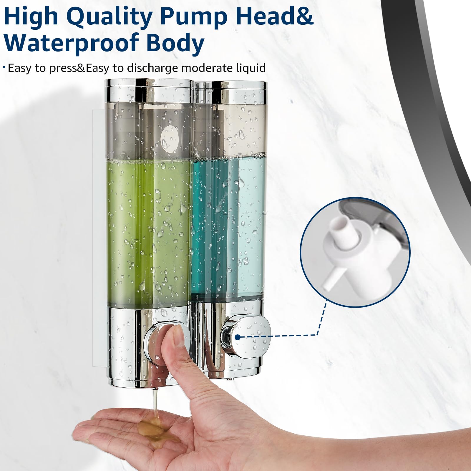 Wall Mounted Shower Shampoo Dispenser - 2 Chamber No Drill Bathroom Organizer for Shampoo, Conditioner & Body Wash - Large Capacity Chrome Finish - Perfect for Spa, Gym & Home Bathroom Storage