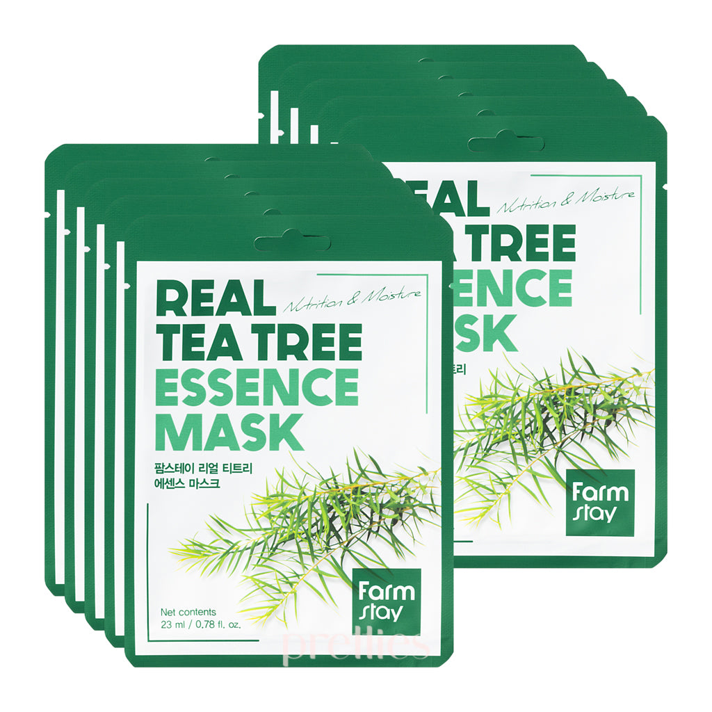 Farmstay Real Tea Tree Essence Mask - 10 Sheet Pack for Acne, Oily Skin & Pore Care - Korean Skincare for Deep Hydration & Soothing - Perfect for Daily Use & Spa Nights