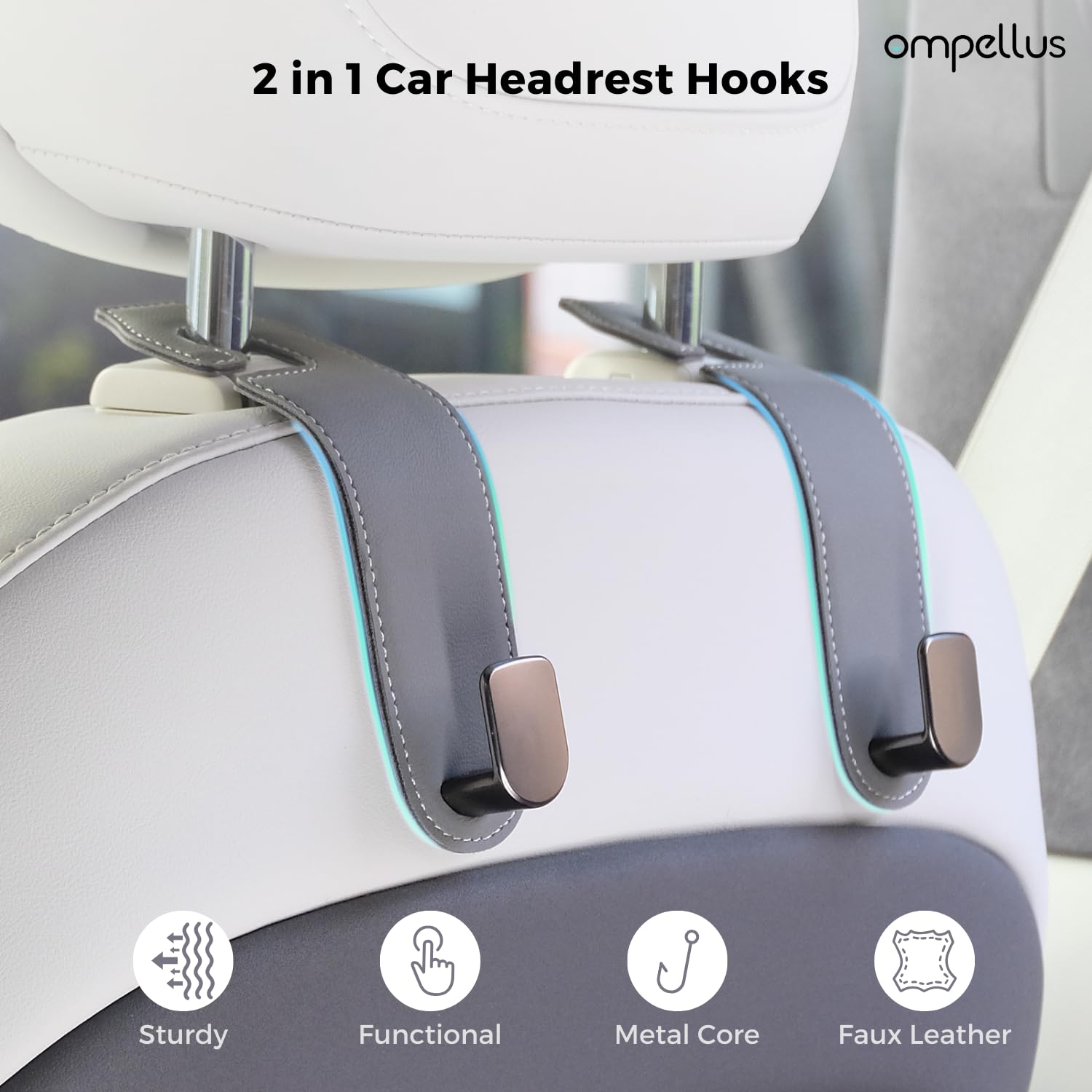 2 Pack Leather Car Headrest Hooks - Premium Tan Car Seat Hangers for Purses, Bags & Organizing Accessories | Perfect for Road Trips, Commuting & Keeping Your Vehicle Tidy
