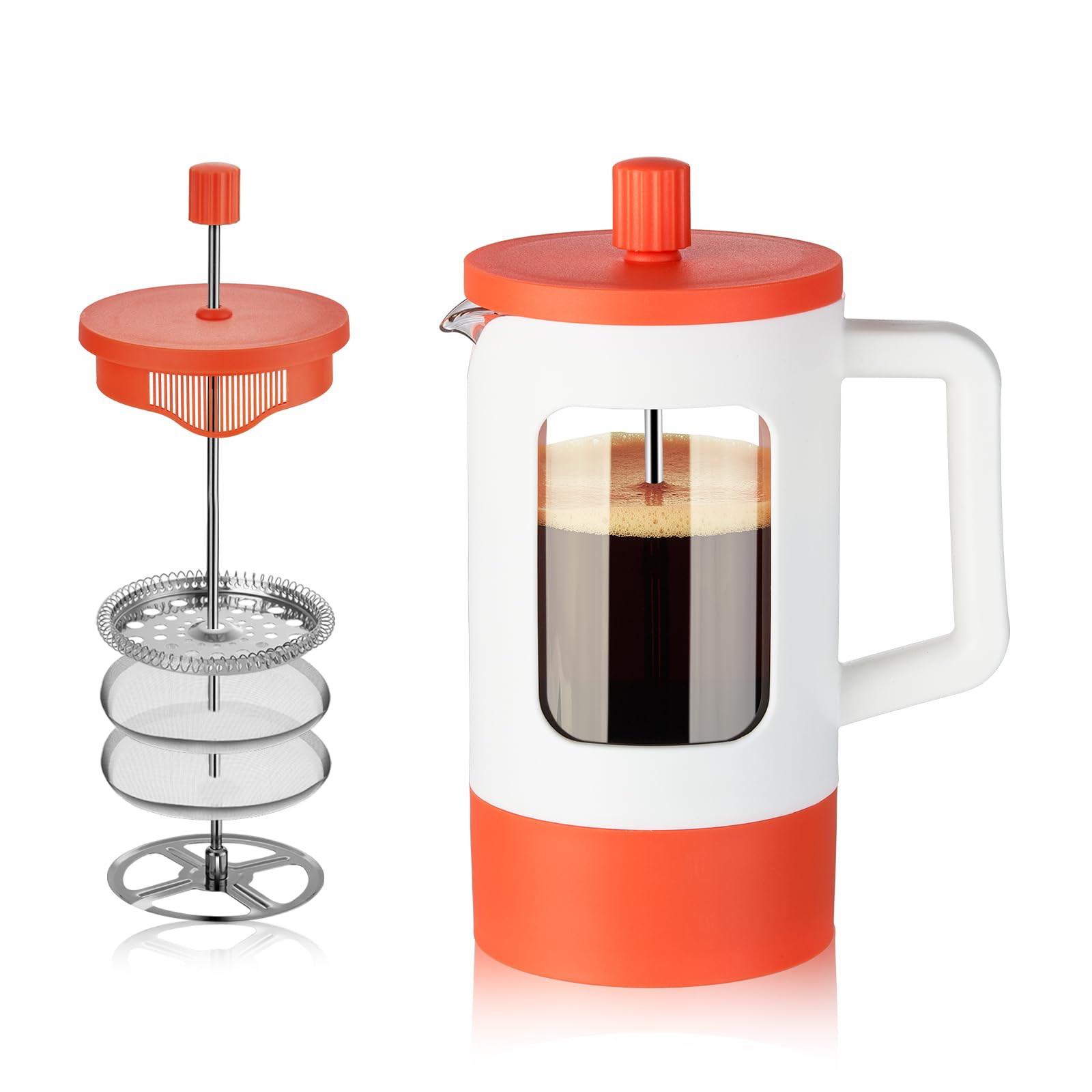 YOLIFE 21 oz French Press Coffee Maker - Heat-Resistant Borosilicate Glass, 4-Level Filtration System, Portable Coffee & Tea Brewer for Home, Office, Camping, Travel - White & Orange