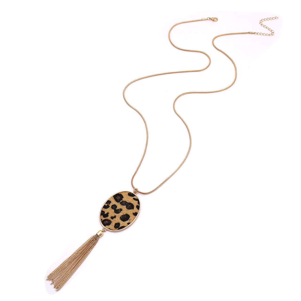 Women's Long Statement Necklace - Leopard & Snakeskin Print with Oval Leather Pendant | Fashion Jewelry for Casual Wear, Office & Evening Outfits
