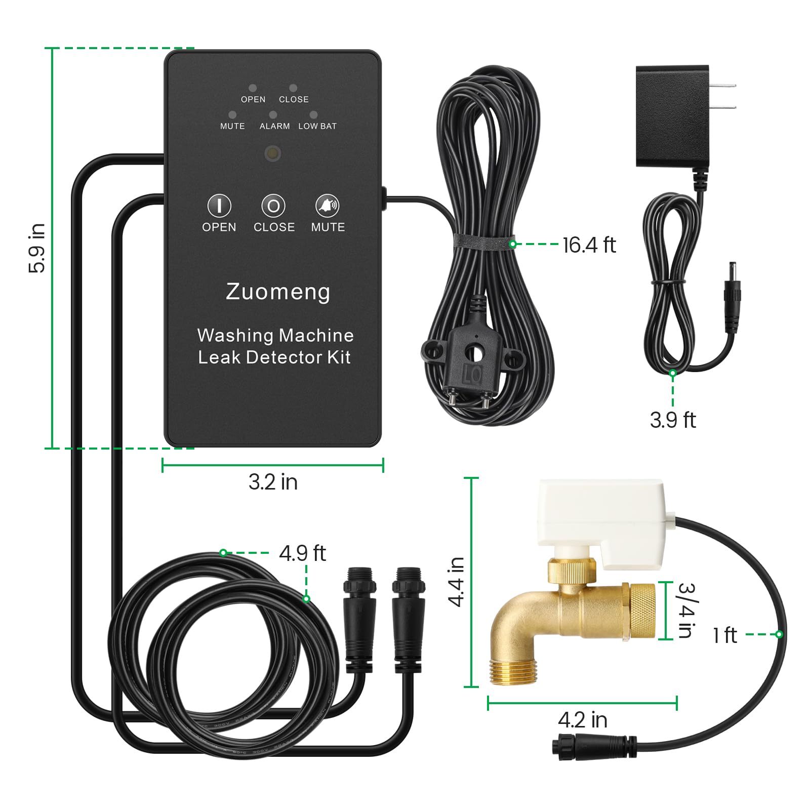 Smart Water Leak Detector for Washing Machine - Dual Power Supply, High Precision Sensor, Auto Shut-Off Valves (3/4
