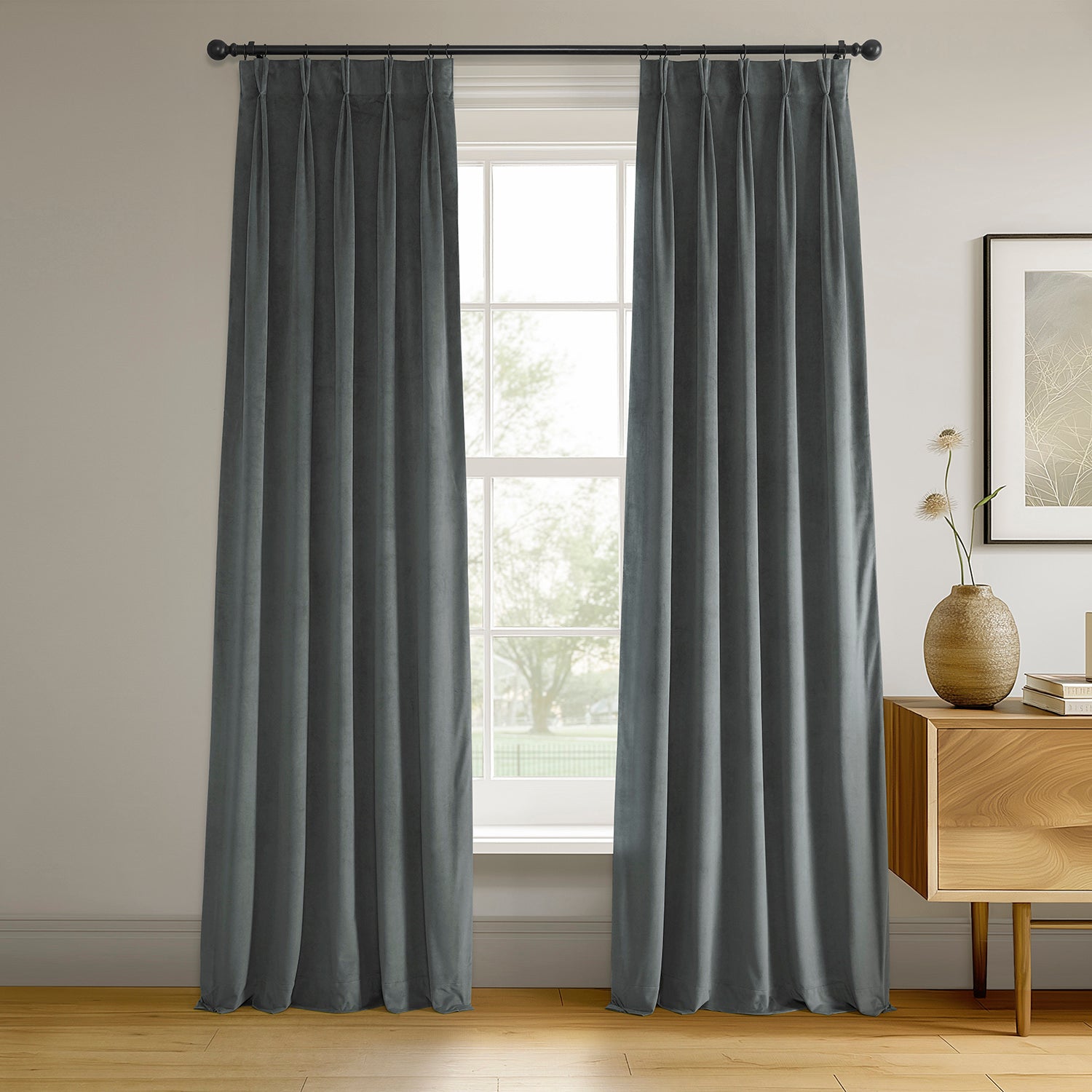 Neutral Grey French Pleat Signature Velvet Blackout Curtains for Bedroom & Living Room - Thermal Insulated Light Blocking Drapes for Better Sleep & Privacy