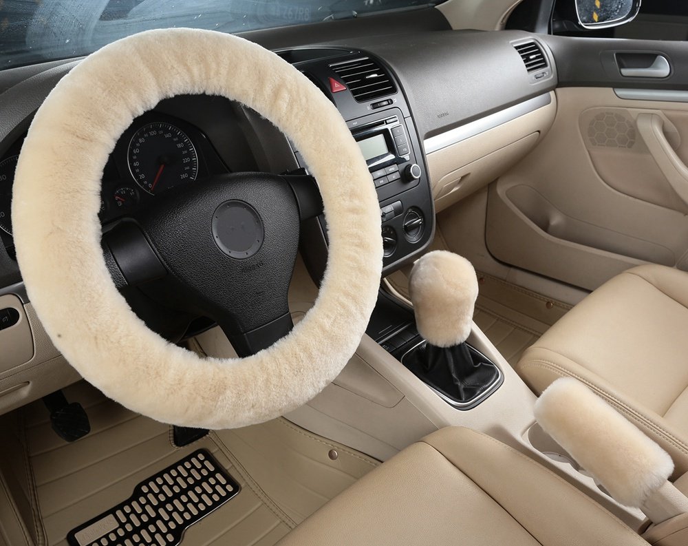 Dotesy 3-Piece Genuine Sheepskin Steering Wheel Cover Set with Gear Shift & Handbrake Covers - Universal Fit for 15 Inch Wheels (Pearl White) | Premium Australian Wool Car Accessories for Comfort & Grip in All Seasons | Perfect for Road Trips, Winter Driving & Luxury Vehicle Protection