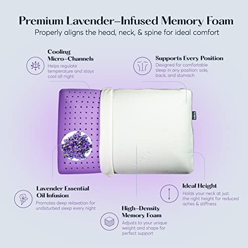 Sutera Cooling Lavender Zen Memory Foam Pillow - Lavender Oil Infused for Neck, Shoulder & Back Support - Ideal for Side, Back & Stomach Sleepers - Perfect for Hot Sleepers, Insomnia Relief & Stress Reduction - Great for Home, Travel & Office Use