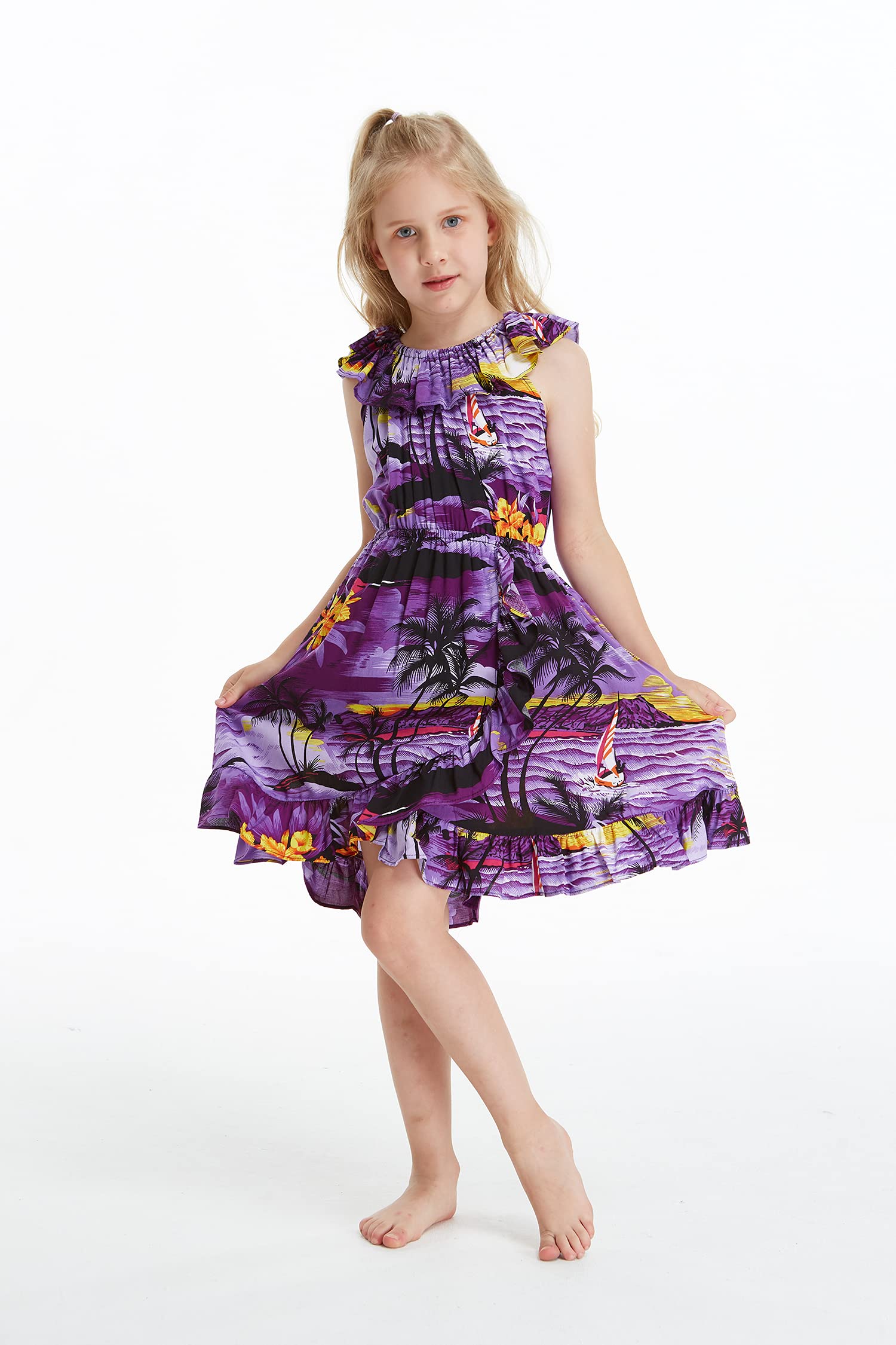 Sunset Hawaiian Luau Dress with Ruffle Wrap for Girls | Beach Party