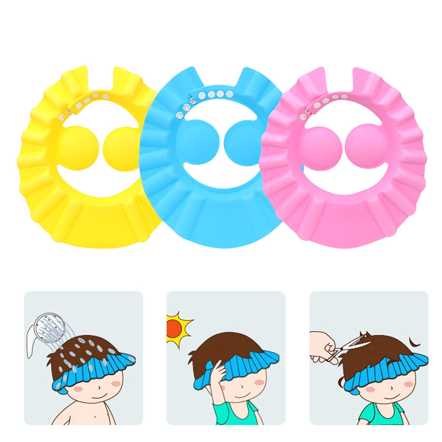 Soft Adjustable Baby Shower Cap - Waterproof Bath Head Visor for Hair Washing & Bathing Protection - Toddler, Infant & Kids Bath Cap (3 Pack) - Perfect for Baby Showers, Daily Bath Time & Spa Days